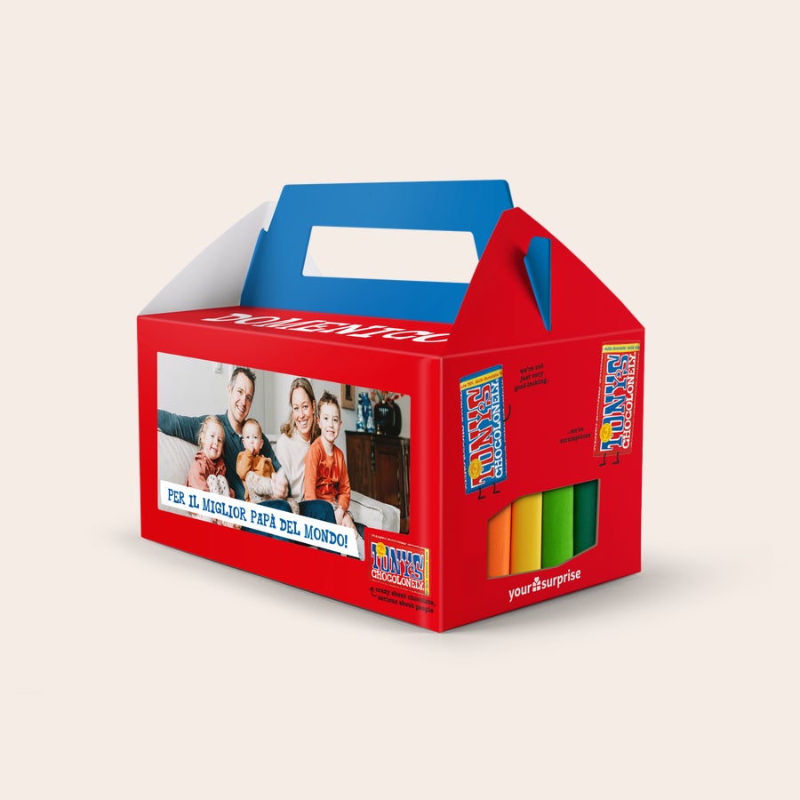 Confezione Personalizzata Tony's Chocolonely Confezione regalo di cioccolato Tony's Chocolonely da 6 barrette personalizzata con foto di famiglia e la scritta PER IL MIGLIOR PAPÀ DEL MONDO!