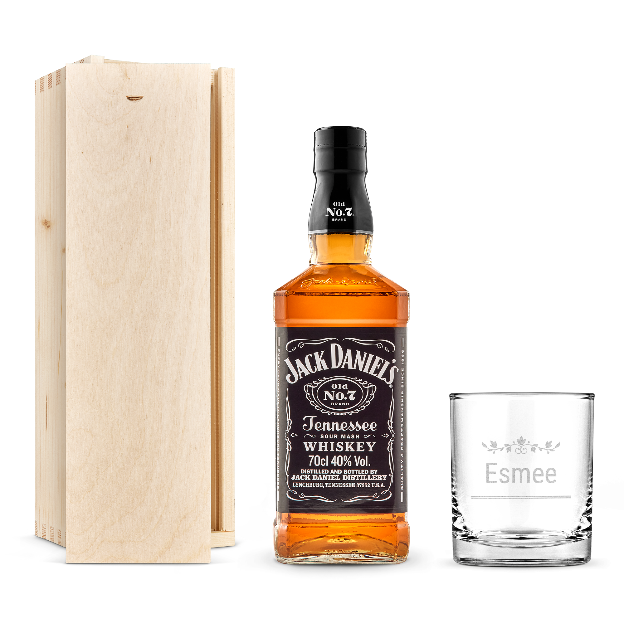 Jack Daniels whiskeypakket met gegraveerd glas