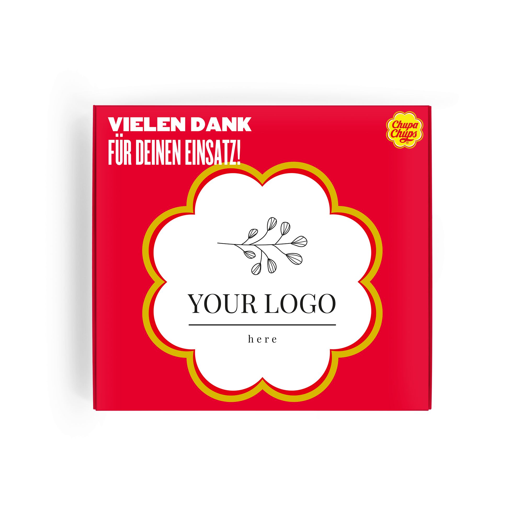 Roter Chupa Chups Briefkasten-Leckerbissen bedruckt mit "Vielen Dank für deinen Einsatz!" und Platz für ein individuelles Logo