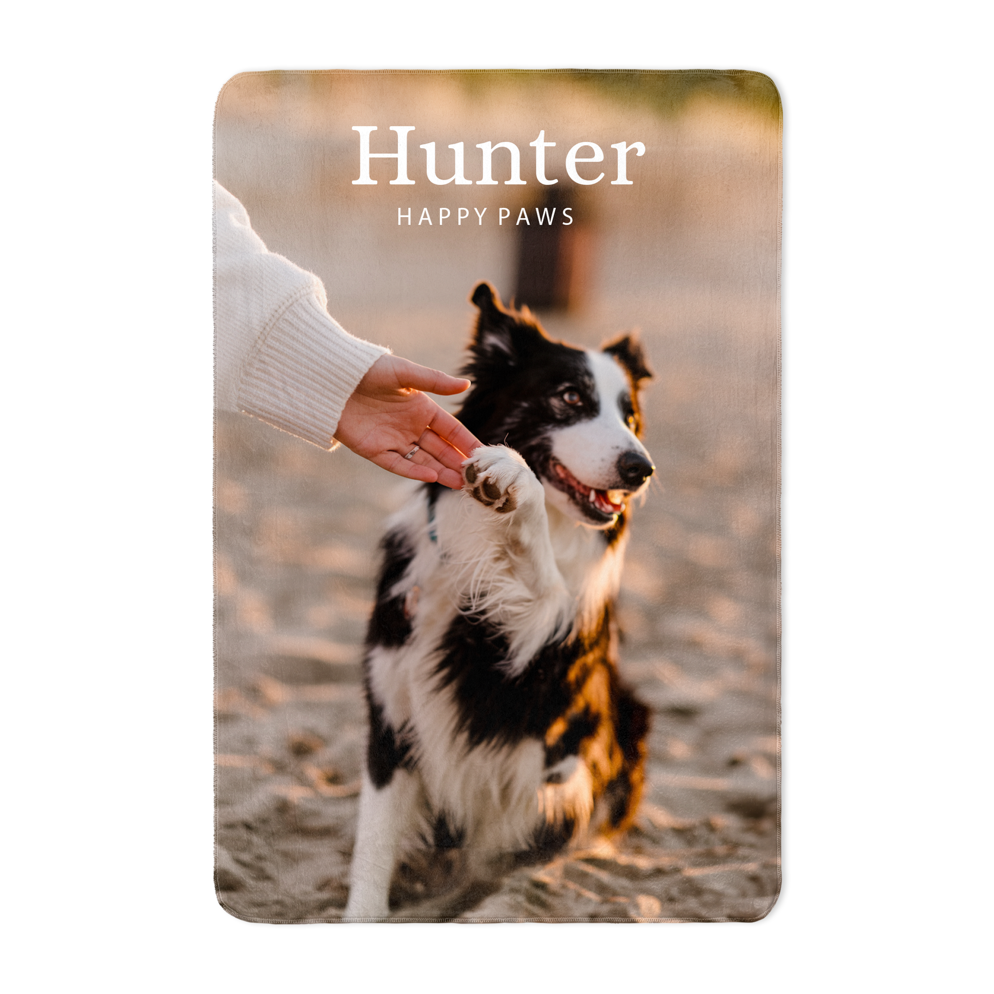 Manta de lã personalizada com foto impressa de cão Hunter e o texto Happy Paws para surpreender a sua família e amigos.