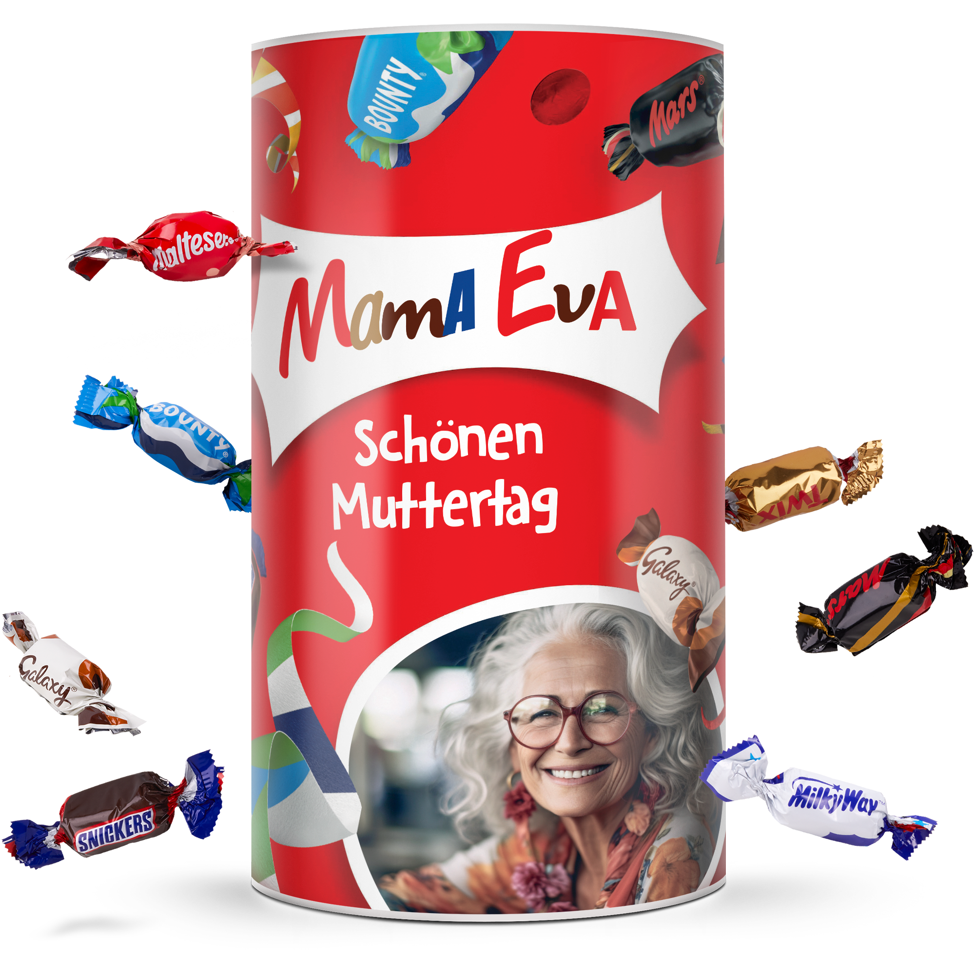 Roter Celebrations Zylinder 1 kg, personalisiert mit Namen Mama Eva und einem Foto einer lächelnden Frau, umgeben von Schokoriegeln. Ein ideales Geschenk zum Muttertag.
