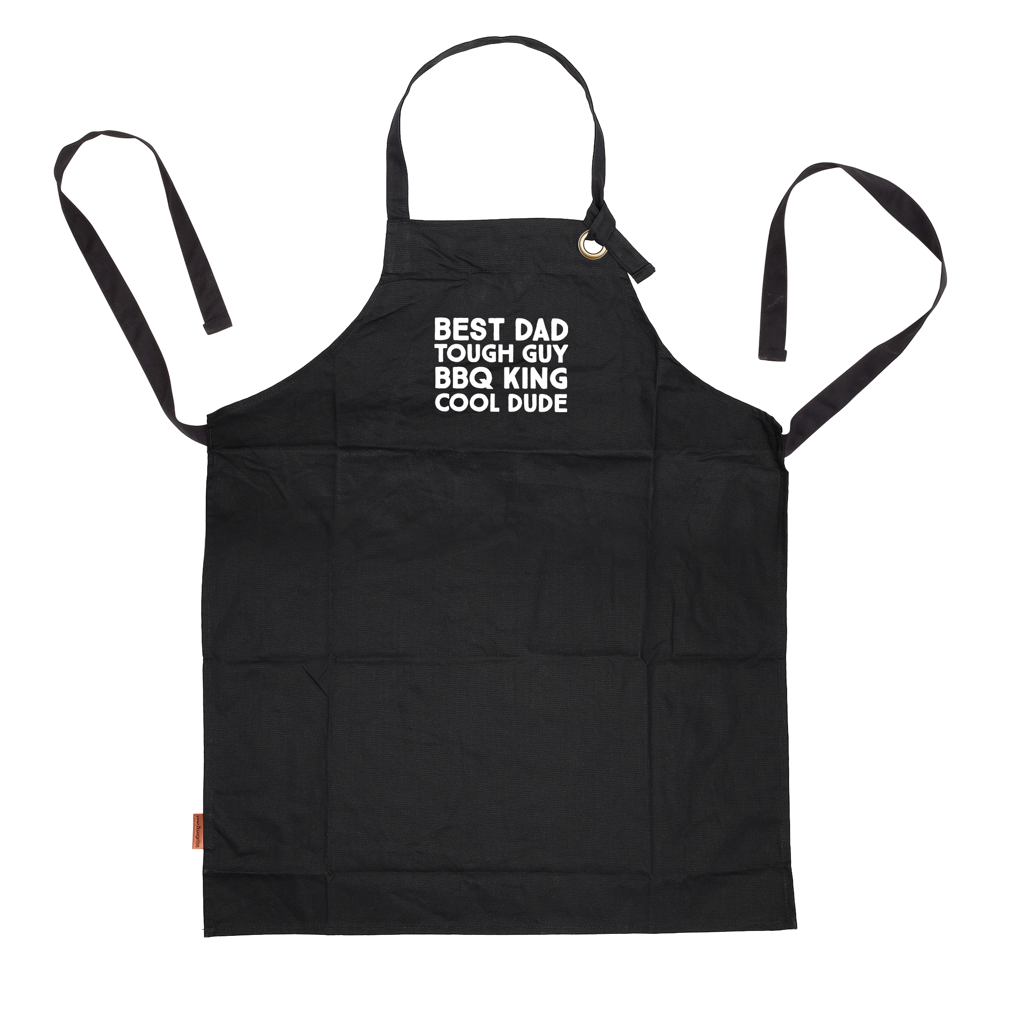 Black personalized BBQ gift set apron printed with "Best Dad Tough Guy BBQ King Cool Dude" text