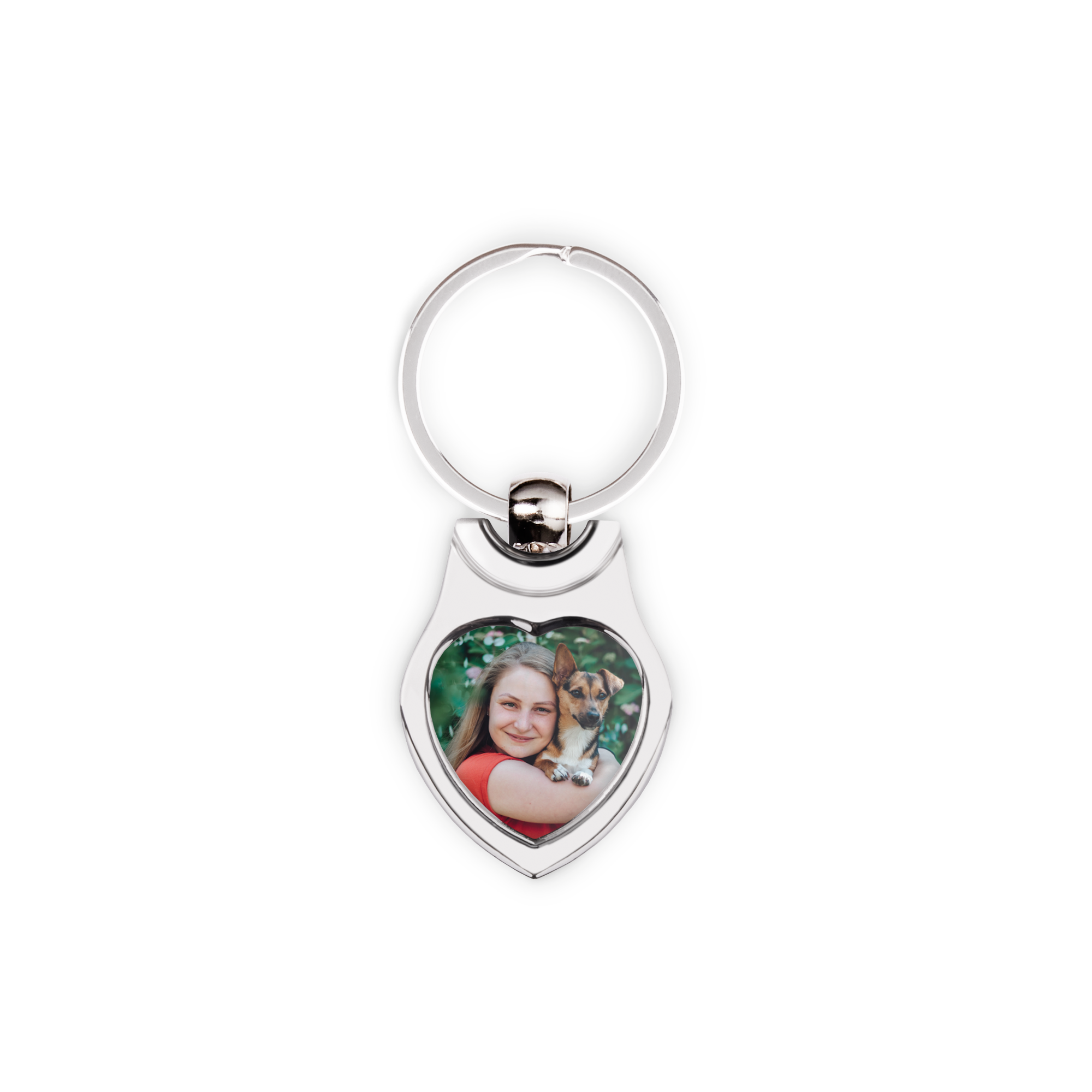 Fotogave med en original nøglering trykt med et personligt foto af en pige og en hund i et hjerteformet design.
