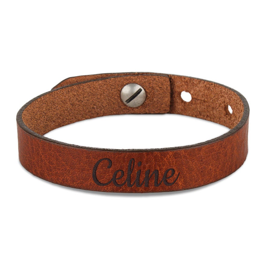 Personalized Bracelet - Leather - Brown - Engraved - 23.5 cm