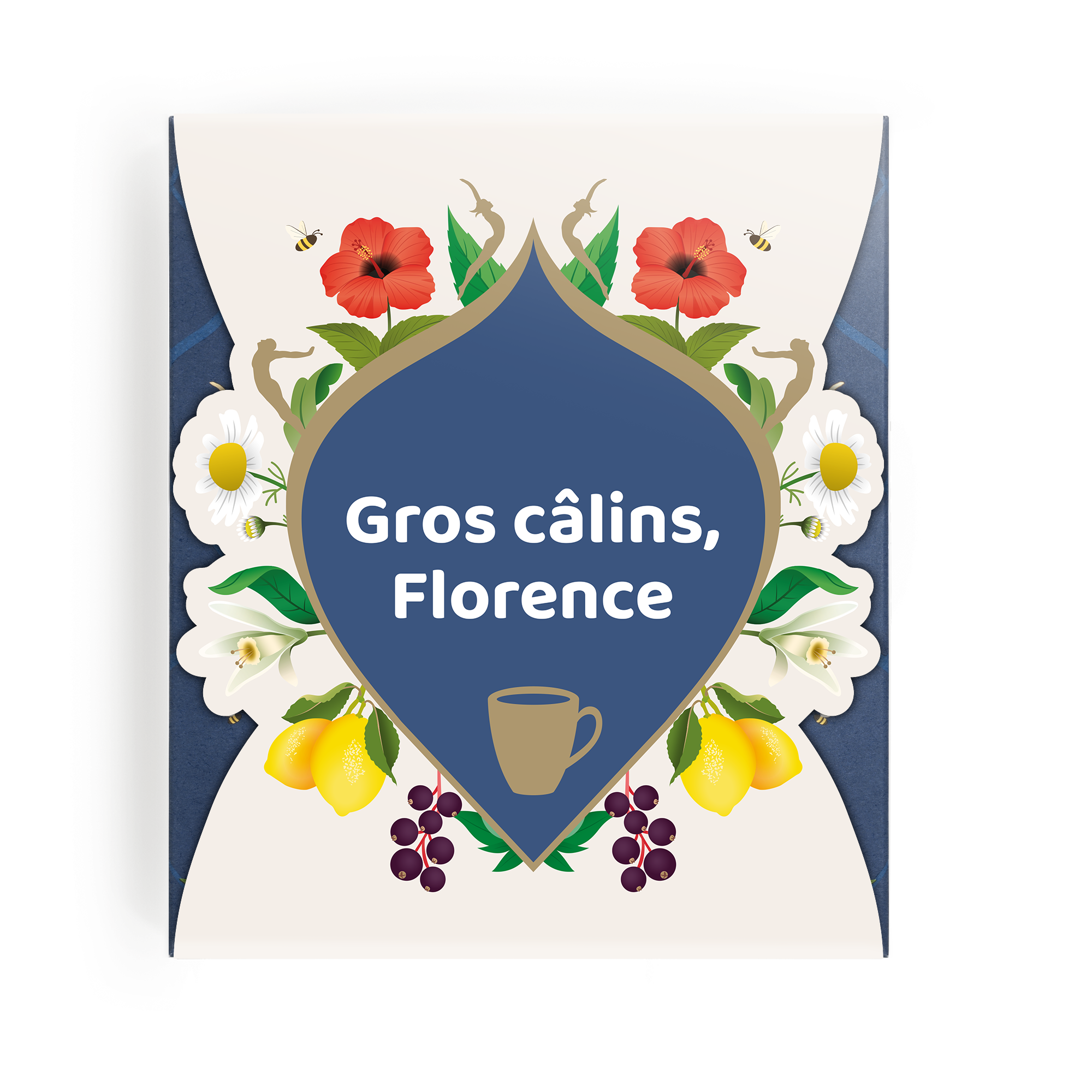 Coffret cadeau de thés Pukka personnalisé avec texte "Gros câlins, Florence" imprimé, tasse chaude avec leur nom dessus