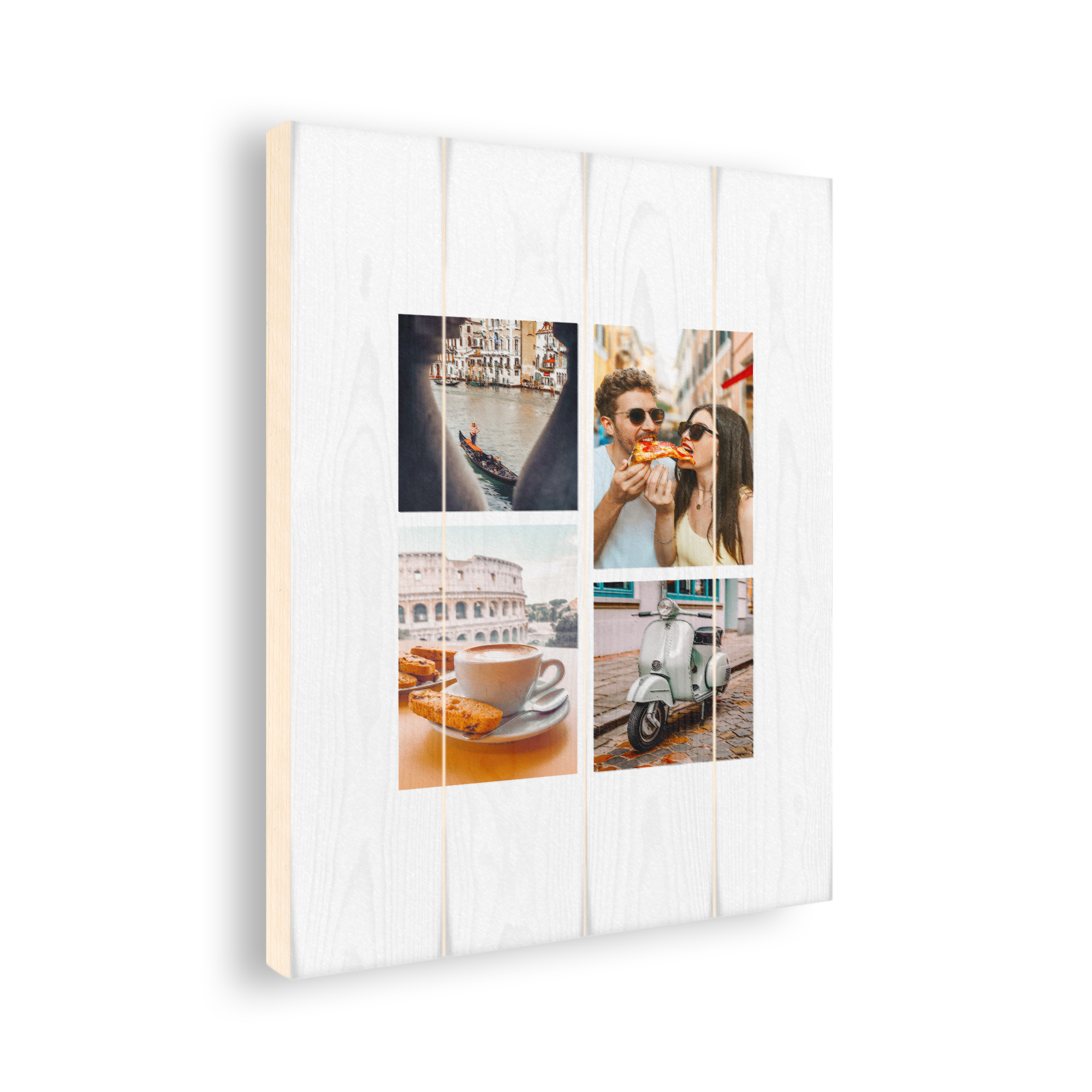 Personalized photo print on wooden planks with four custom photos.