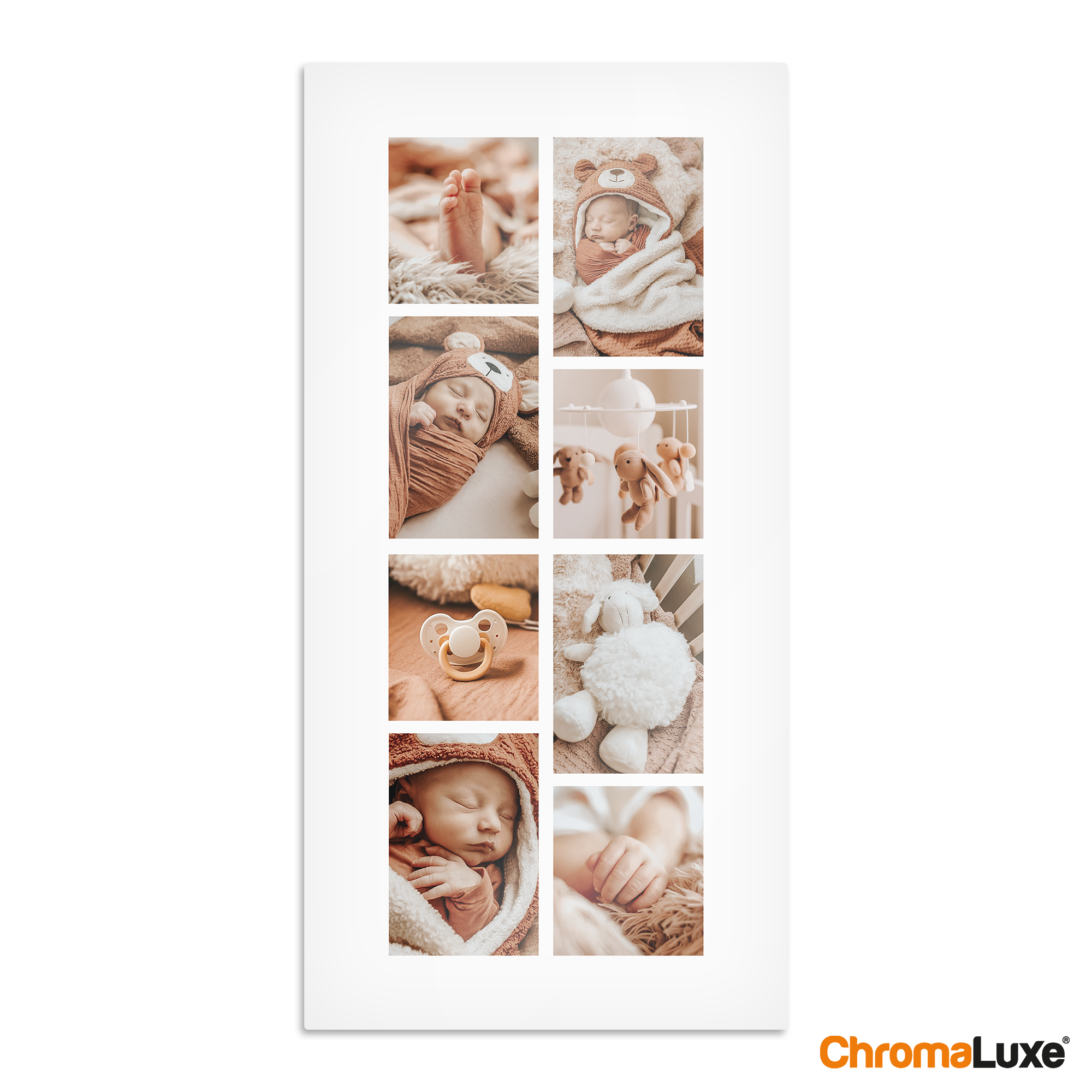 Chromaluxe aluminium photo prints displaying eight personalized baby photos in a collage layout