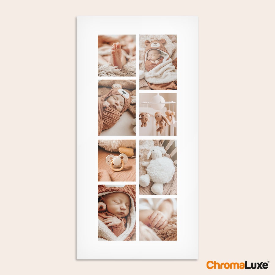 Photo sur aluminium Tableau photo personnalisé ChromaLuxe avec collage de 8 photos sur le thème bébé