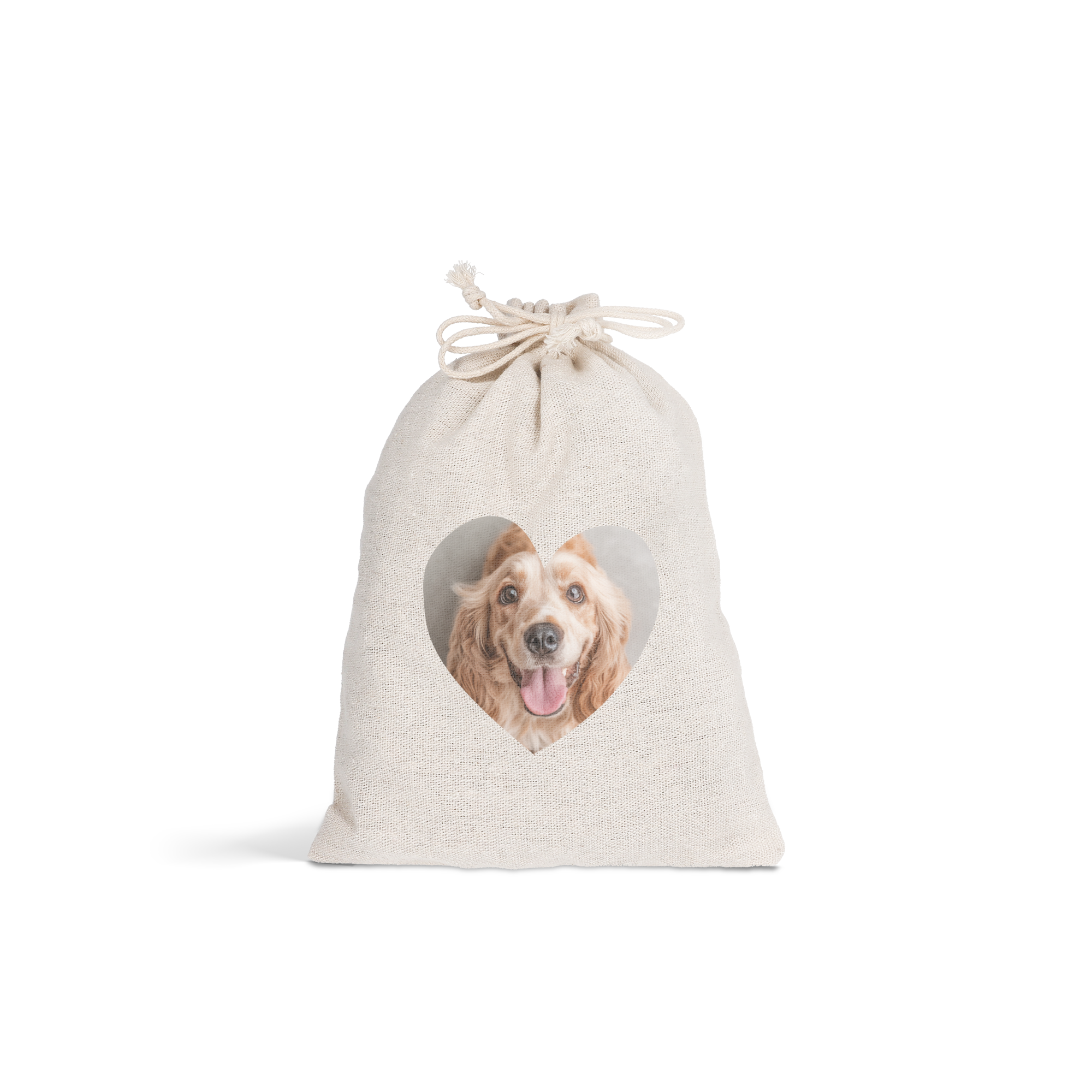 Sacola de presente de Páscoa personalizada com cordão e foto de cachorro em formato de coração