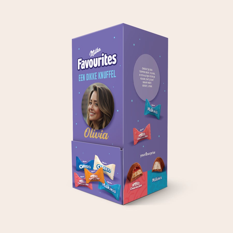 Milka Favourites Dispenser  bedrukken Milka Favourites dispenser bedrukt met de foto van 'Olivia' en een lieve boodschap, 'Een dikke knuffel'.