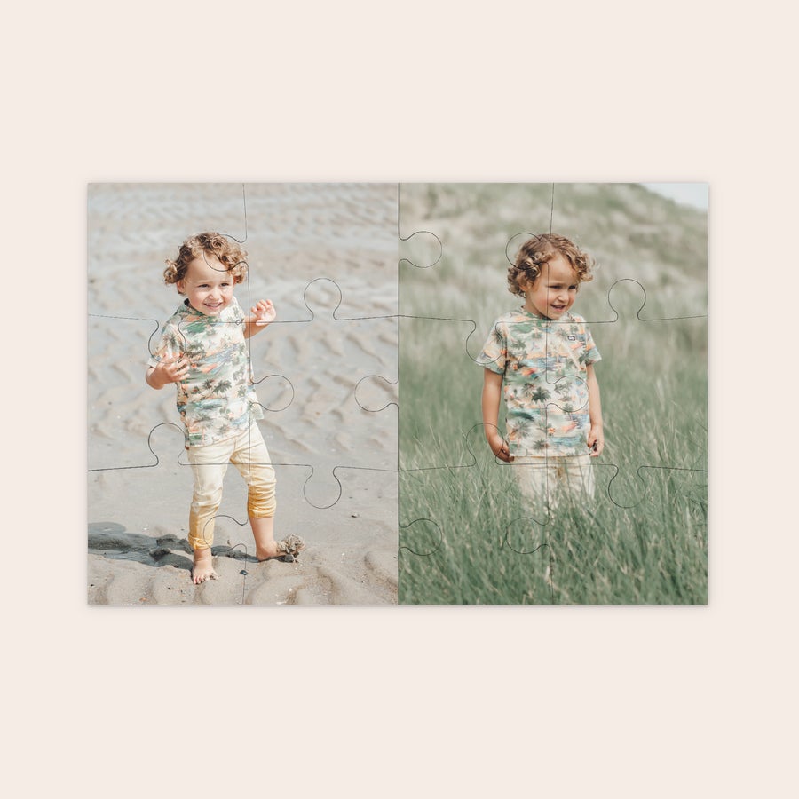 Kleine puzzel bedrukken Gepersonaliseerde fotopuzzel met een vrolijk kindje op het strand en in het gras. Verras de kleintjes met dit unieke cadeau.