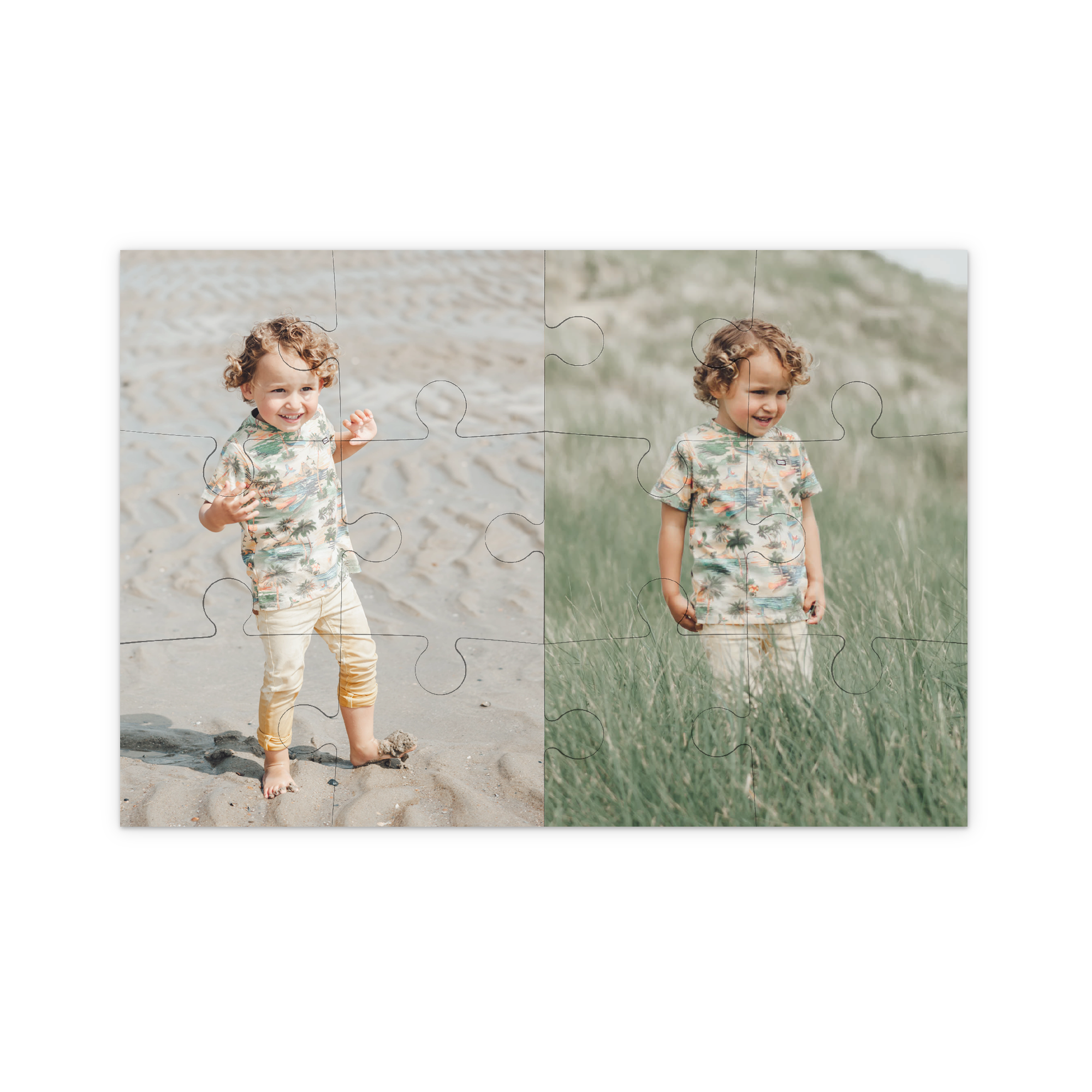 Rompecabezas fotográfico con la imagen de un niño sonriente en la playa y en un campo, personalizado con tu diseño.