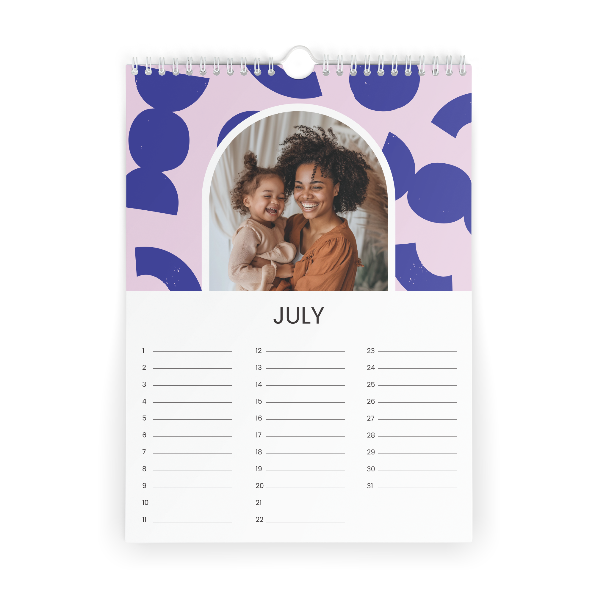 Personlig bursdagskalender med bilde av mor og datter for juli måned, trykket med dine egne bilder.