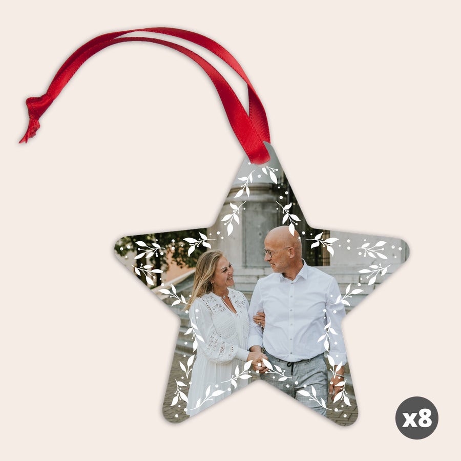 Ornement de Noel personnalisé Décoration de Noël en aluminium personnalisée avec photo de couple et motifs végétaux sur l'étoile