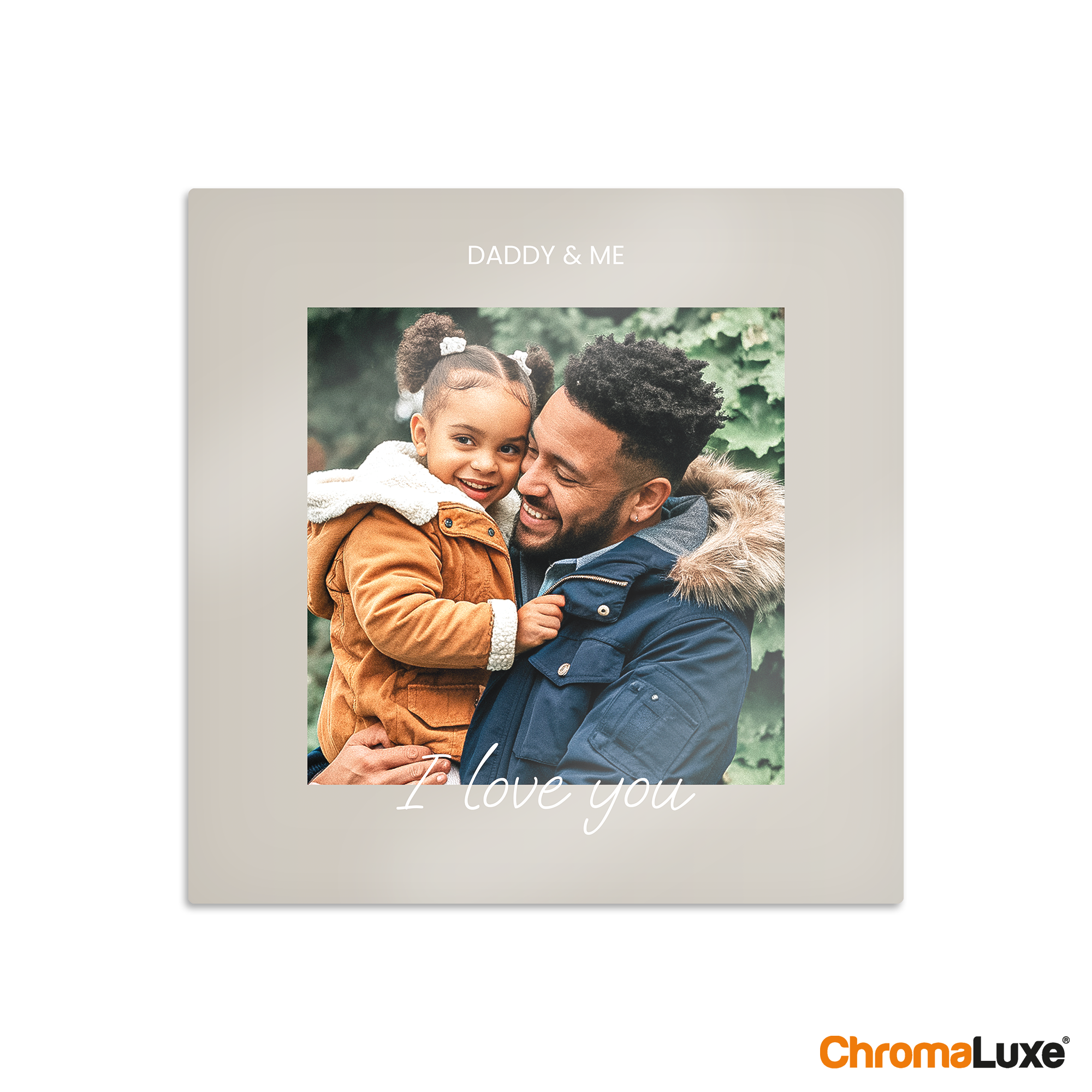 Personalized Instagram photo collage on aluminum printed with a photo of a dad and daughter and custom text DADDY & ME and I love you