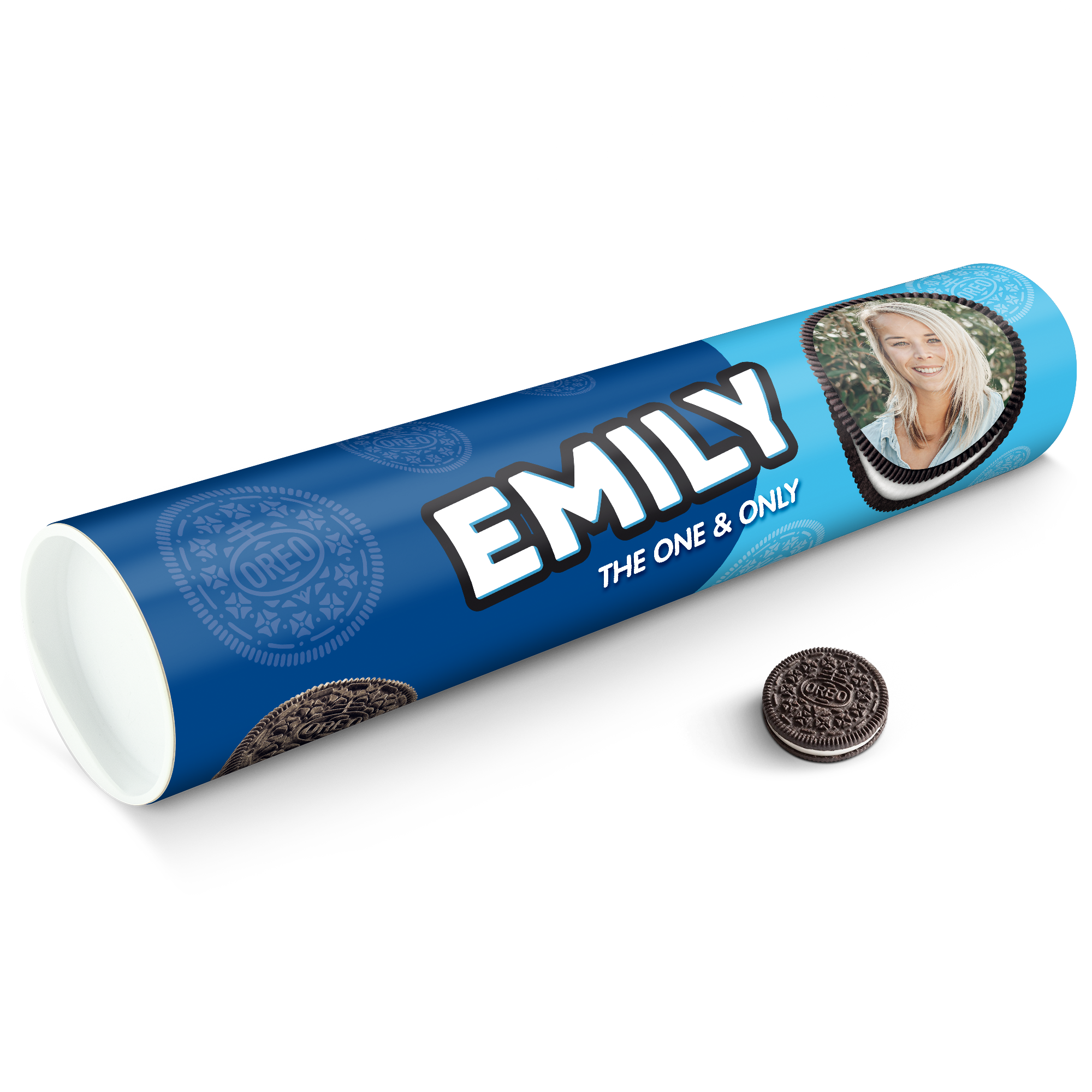 Blue Mega Oreo Gift Tube printed with the name Emily and a photo of a woman, with an Oreo cookie beside it.