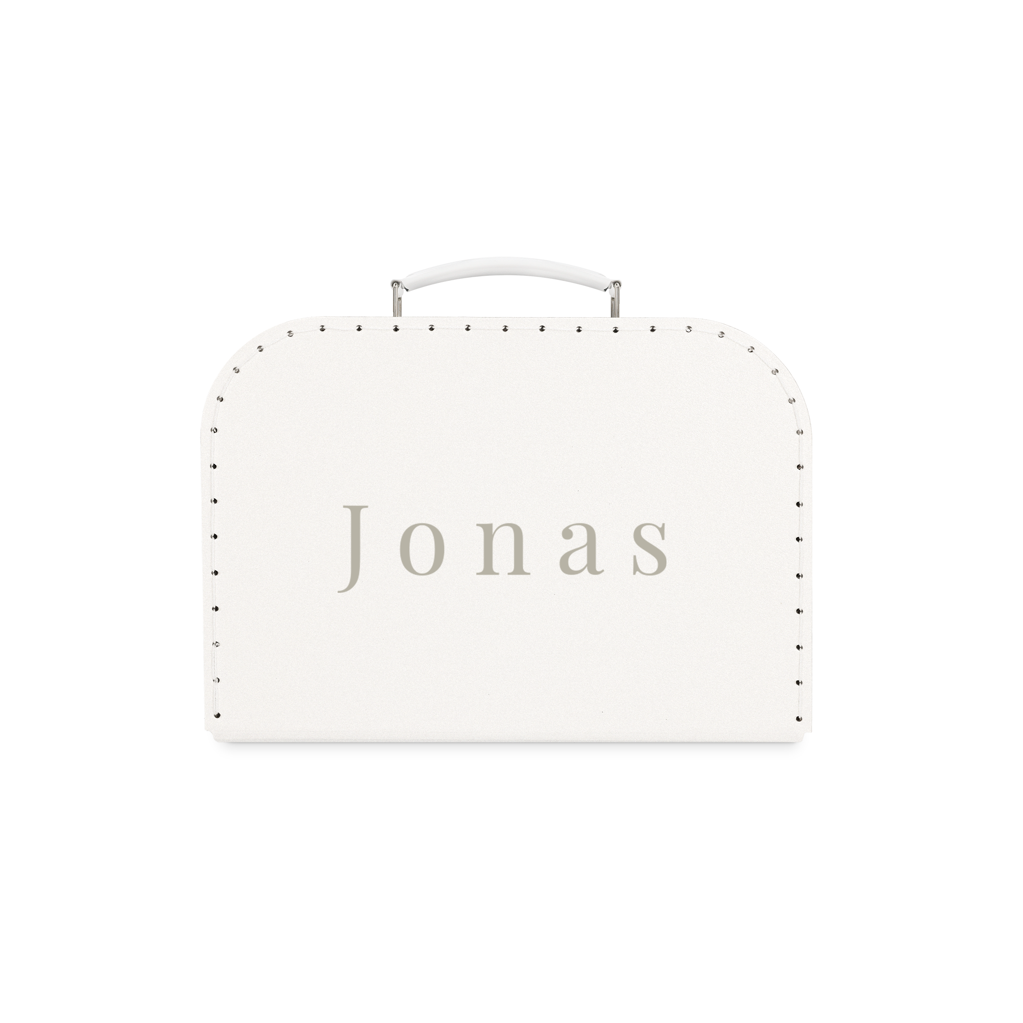 Weißer Kinderkoffer mit dem Namen "Jonas", direkt auf den Koffer gedruckt, um die schönsten Sachen mit auf Reisen zu nehmen.