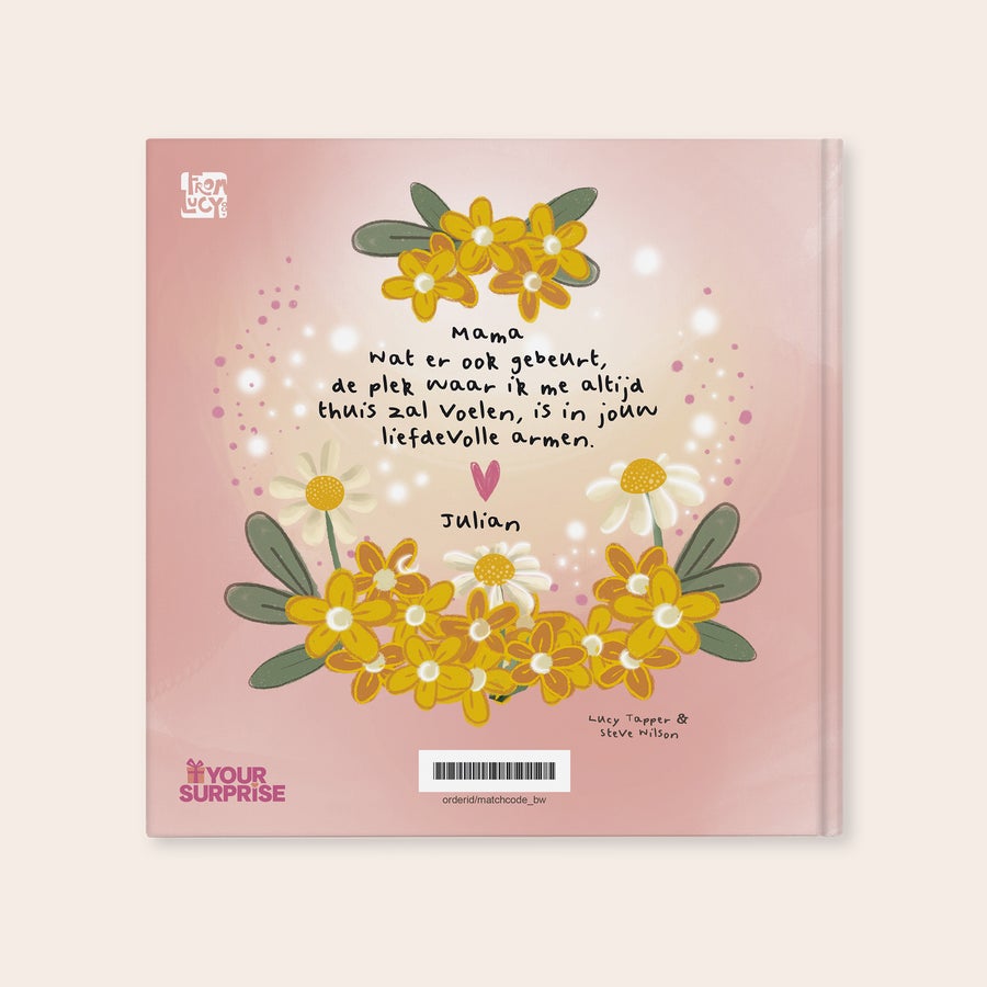 Gepersonaliseerd boek - Mama in jouw lieve armen Boek met naam - Mama in jouw lieve armen, bedrukt met de naam Julian en bloemillustraties.