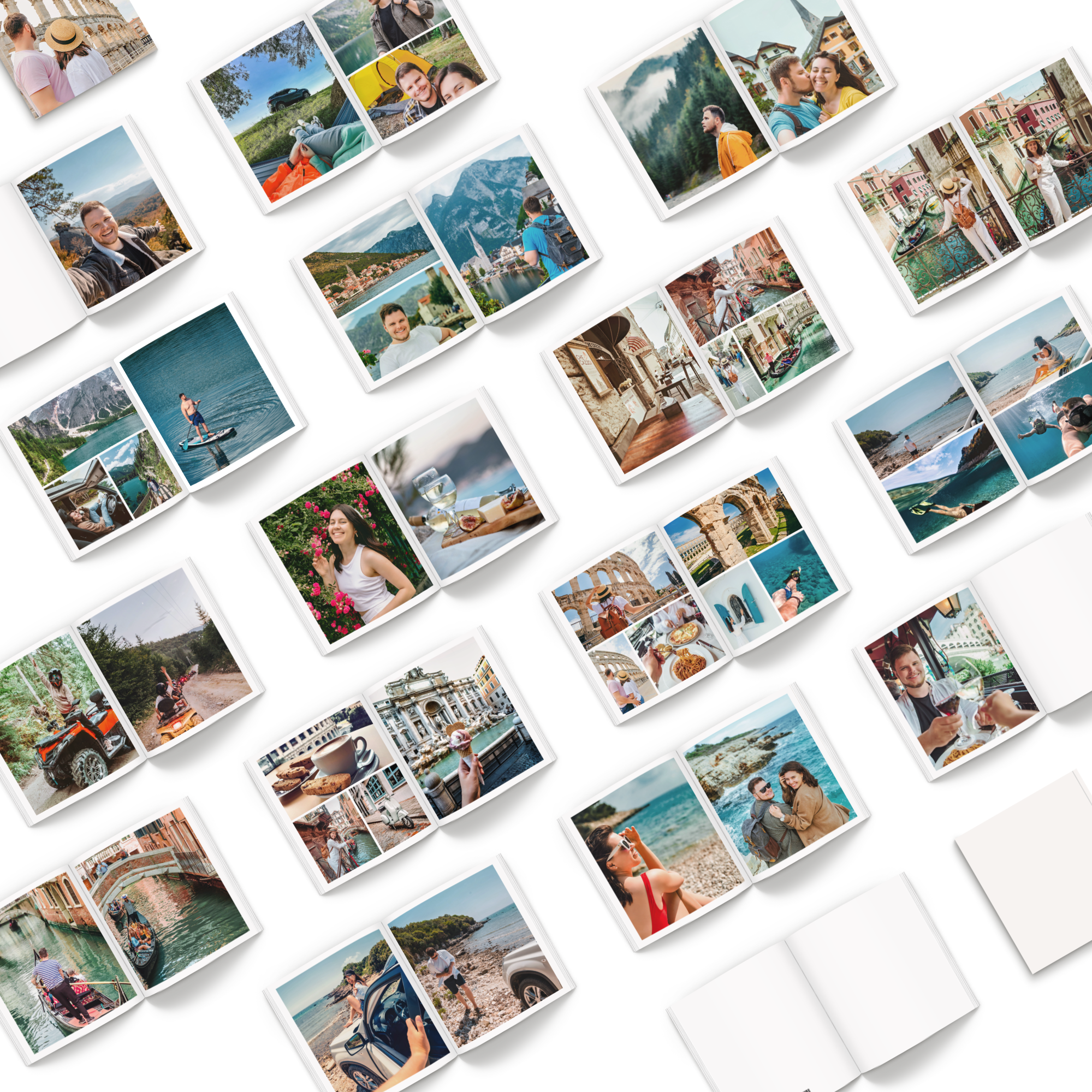 Een verzameling geopende fotoboeken toont diverse persoonlijke reisherinneringen, gedrukt met eigen foto's, als uniek fotoboek.
