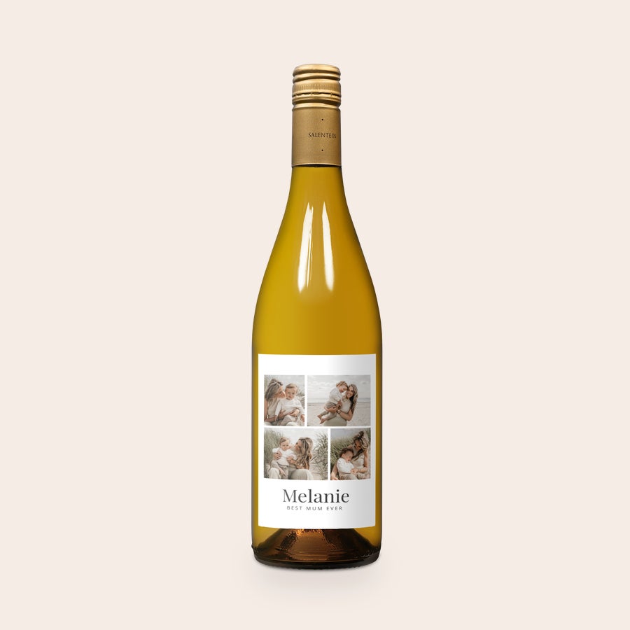 Wijn Salentein Chardonnay personaliseren Fles Salentein Chardonnay met persoonlijk etiket bedrukt met collage van vier fotos en de tekst Melanie BEST MUM EVER