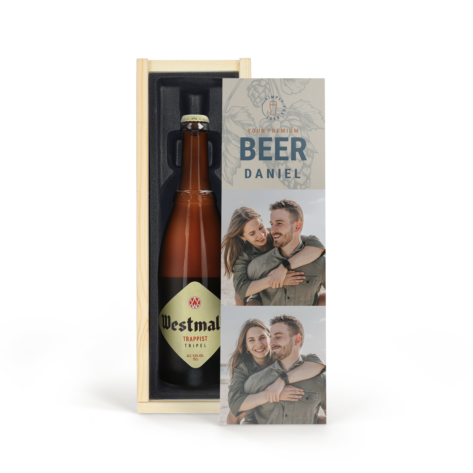 Fľaša piva Westmalle Trappist Tripel v drevenom boxe s personalizovaným prebalom s fotkami a menom Daniel, prekvapenie s pivom.