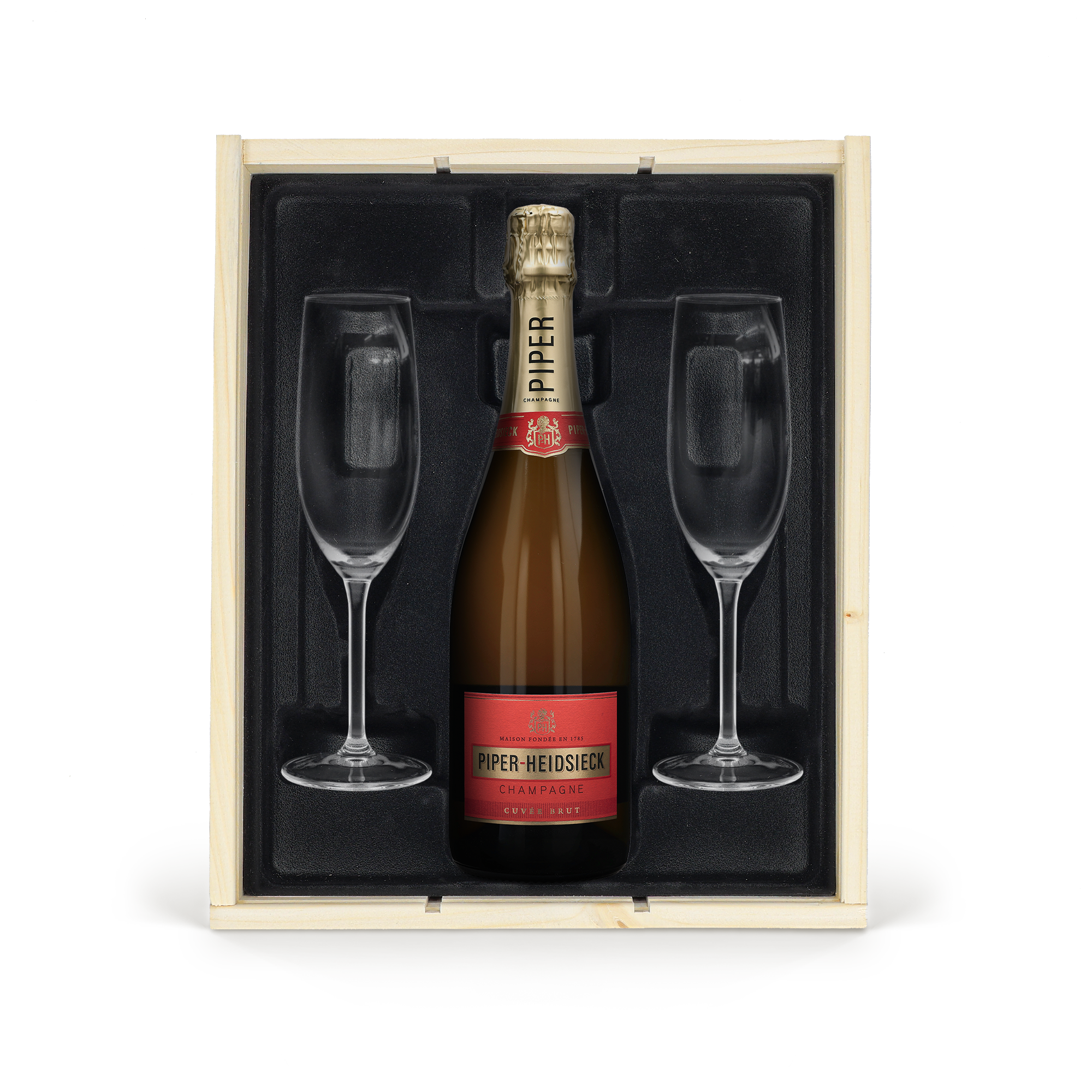 Champagne brut Piper Heidsieck in astuccio personalizzato di legno con due calici, per un regalo delizioso