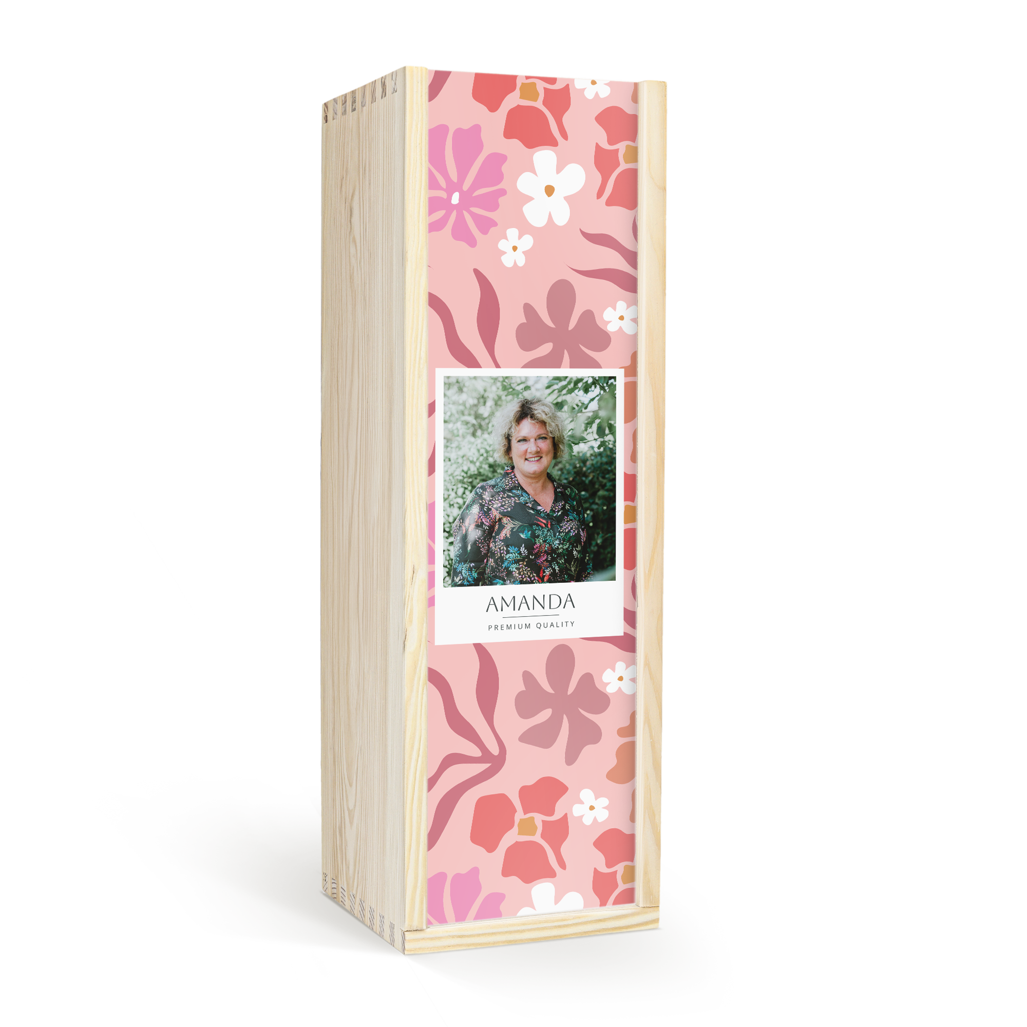 Trækasse til portvin med blomsterprint, personligt billede og navnet Amanda, en personlig gave