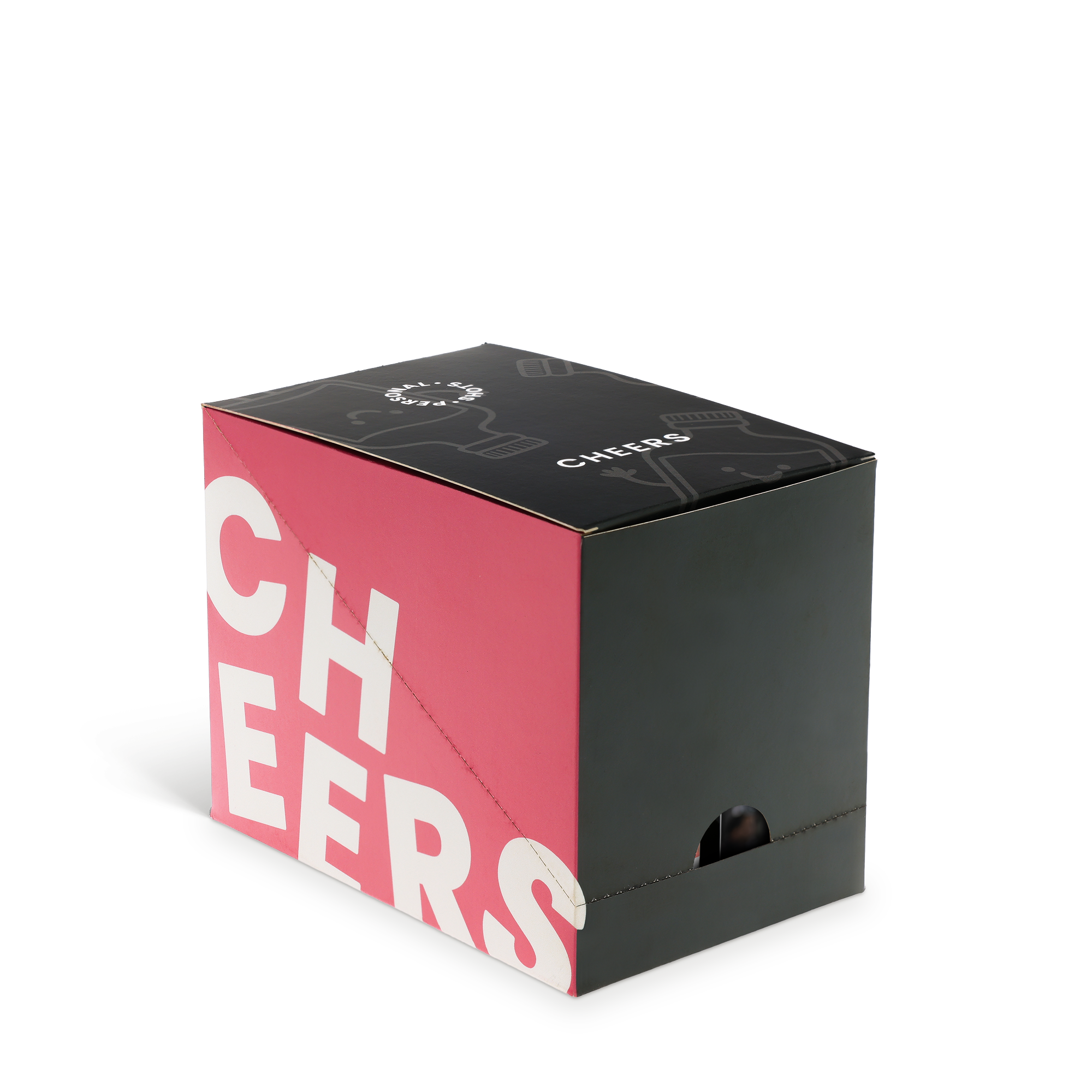 Schwarze Geschenkbox mit der Aufschrift CHEERS, um ein personalisiertes Mini-Limoncello-Sortiment zu gestalten.