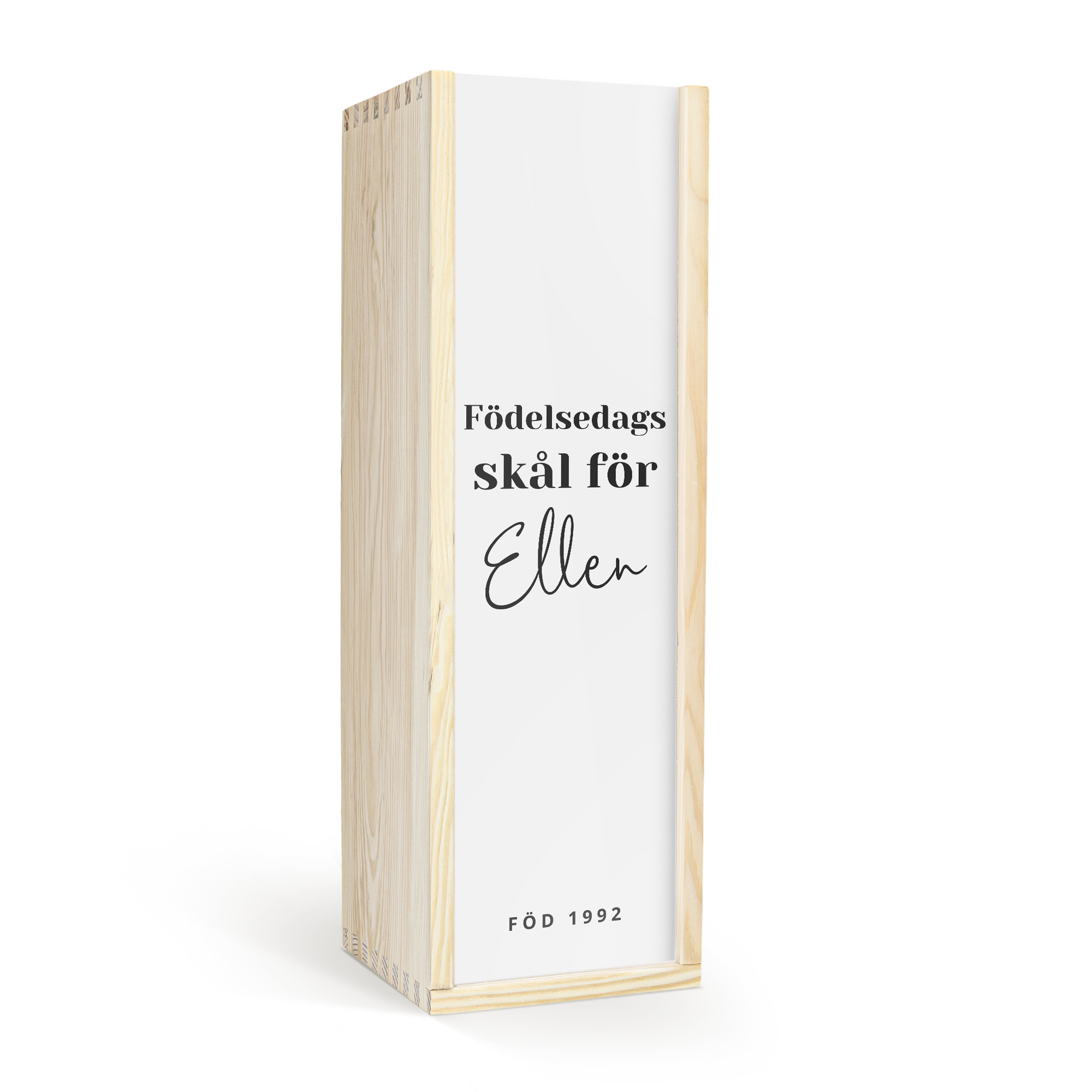 En personlig träkista till Moët & Chandon med texten Födelsedagsskål för Ellen FÖD 1992 tryckt på locket