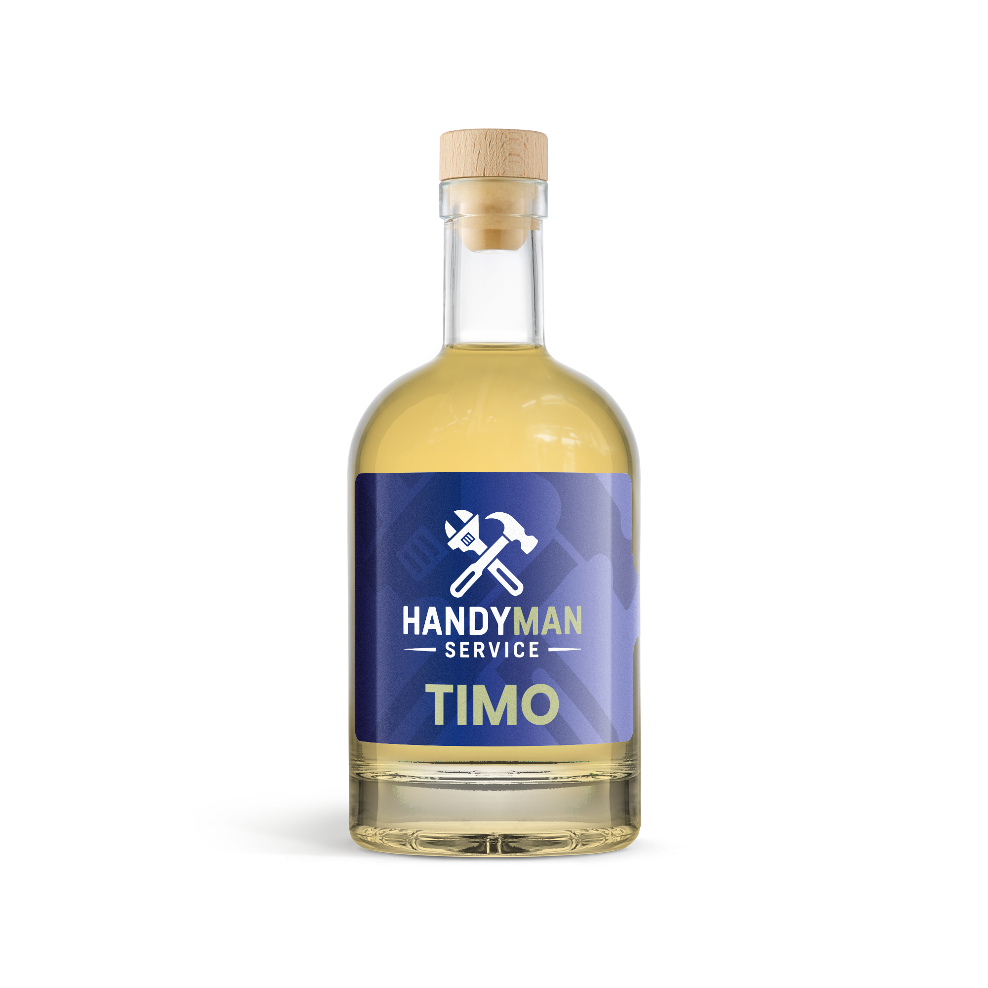 Personlig whisky med etikett Handyman Service och namnet Timo, en unik etikett för att överraska dem.