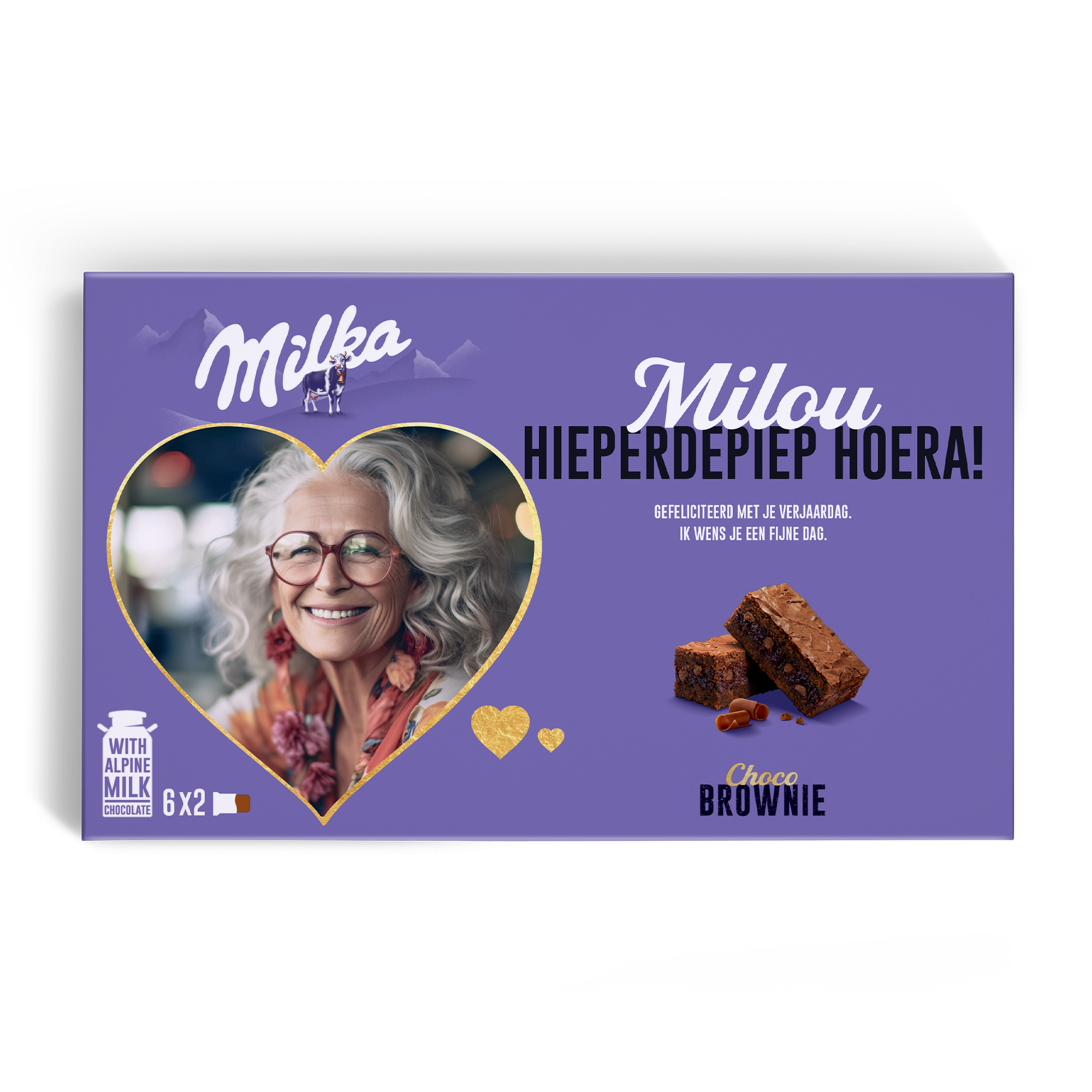 Milka Choco Brownie giftbox bedrukt met foto, de naam Milou en gefeliciteerd tekst.