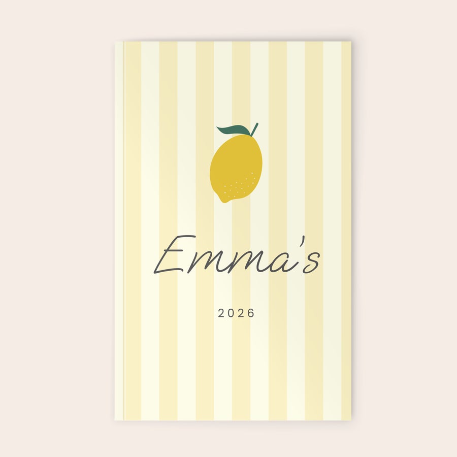 Agenda Personalizzata Agenda personalizzata 2026 con copertina a righe e limone, stampata con il nome Emma e l'anno