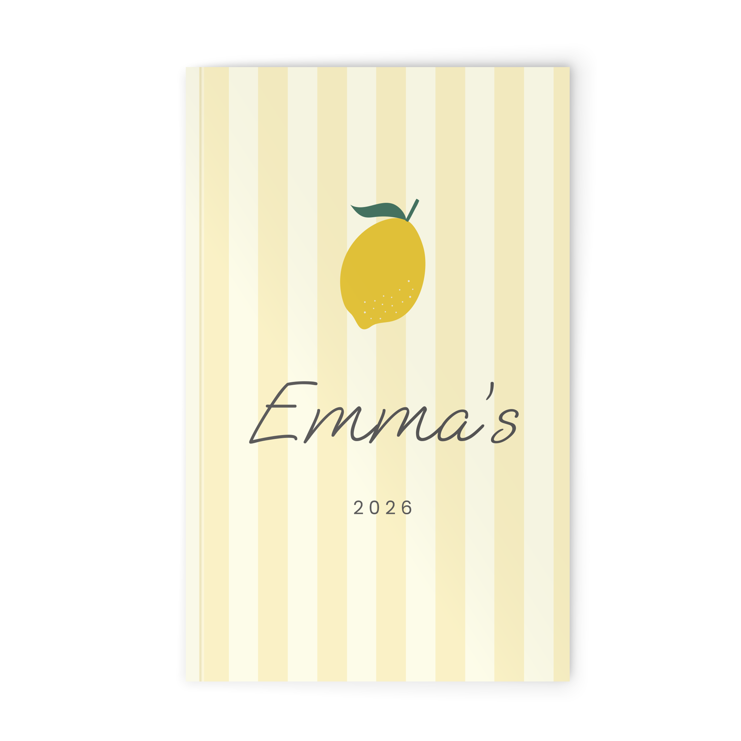 Vaaleakeltainen pystyraitainen kalenteri sitruunalla, "Emma's 2026" painettuna Luo yksilöllinen päivyri omilla kuvilla ja pysy menoista ajan tasalla