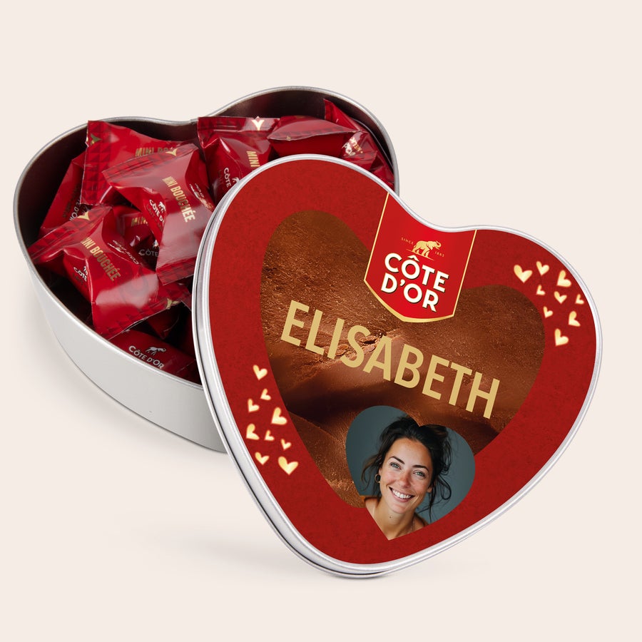 Mini Bouchée Côte d’Or - Personalisierte Geschenkdose Personalisierte Geschenkdose - Herz - Mini Bouchée mit Namen Elisabeth und Foto, bedruckt auf rotem Deckel.