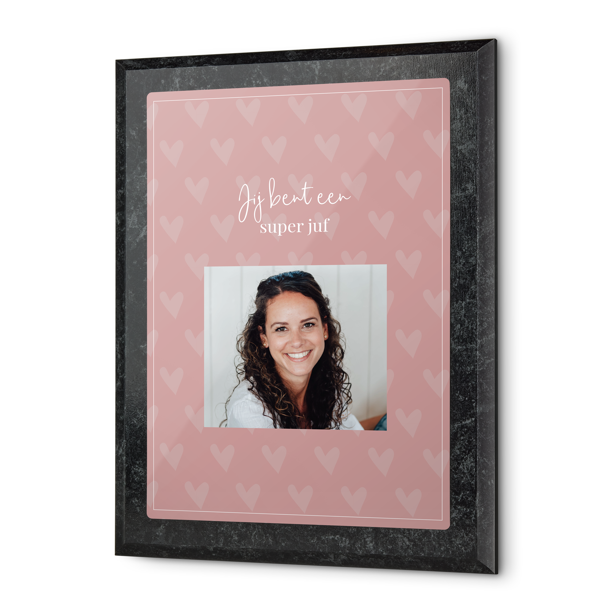 Gepersonaliseerde oorkonde voor de juf met eigen foto en tekst Jij bent een super juf geprint op een marmerlook plaquette