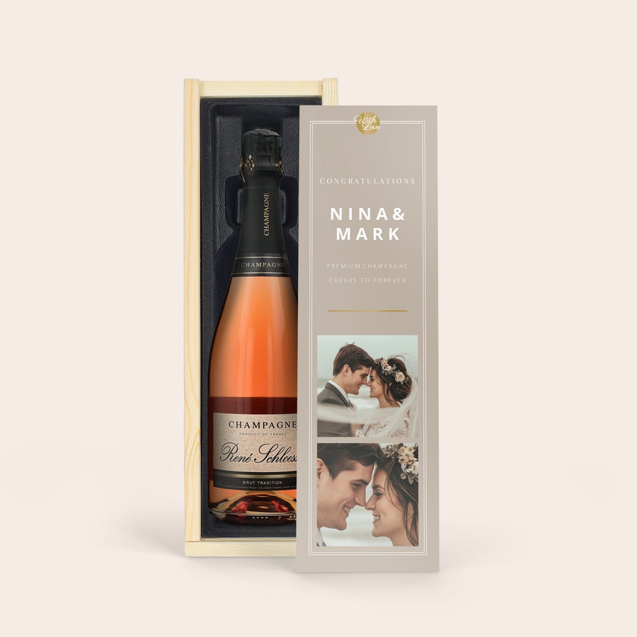 Champanhe rosa champán -r rosé Garrafa de champanhe Rene Schloesser rosa em caixa de madeira personalizada com fotos de um casal e os nomes Nina e Mark.