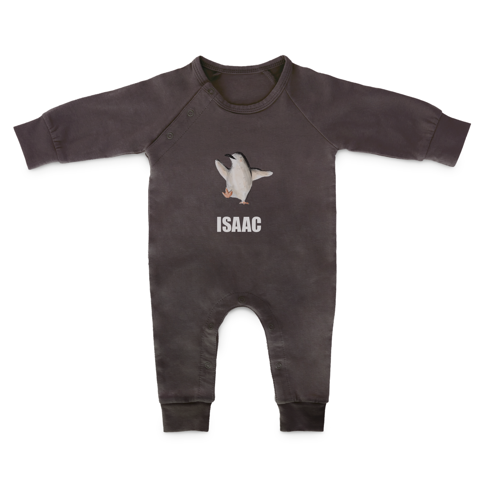 Temna personalizirana igralna obleka z natisnjenim pingvinom in imenom ISAAC, idealna za lepo brcanje