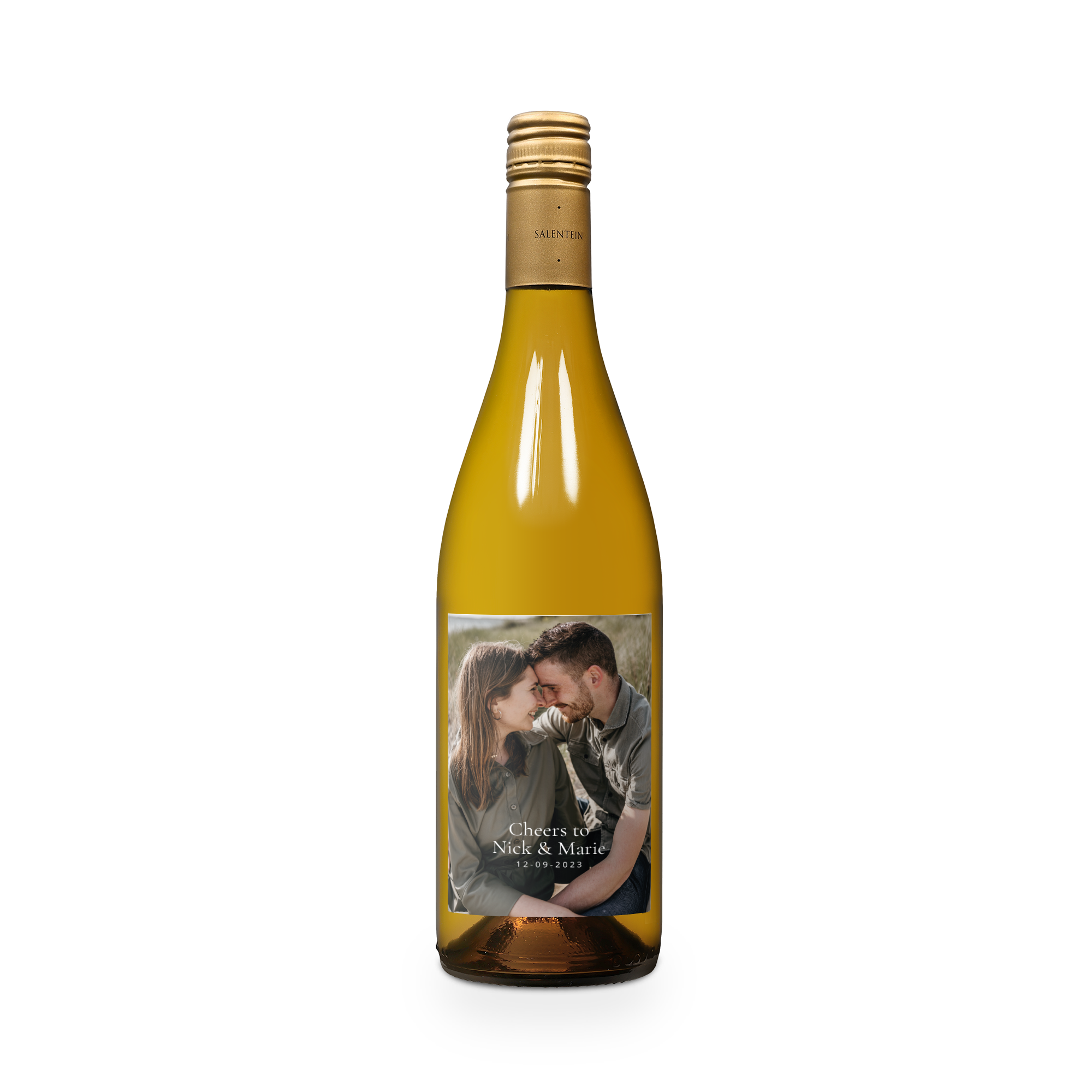 Delicious Salentein Chardonnay with a custom photo and text label showing a couple and "Cheers to Nick & Marie 12-09-2023"