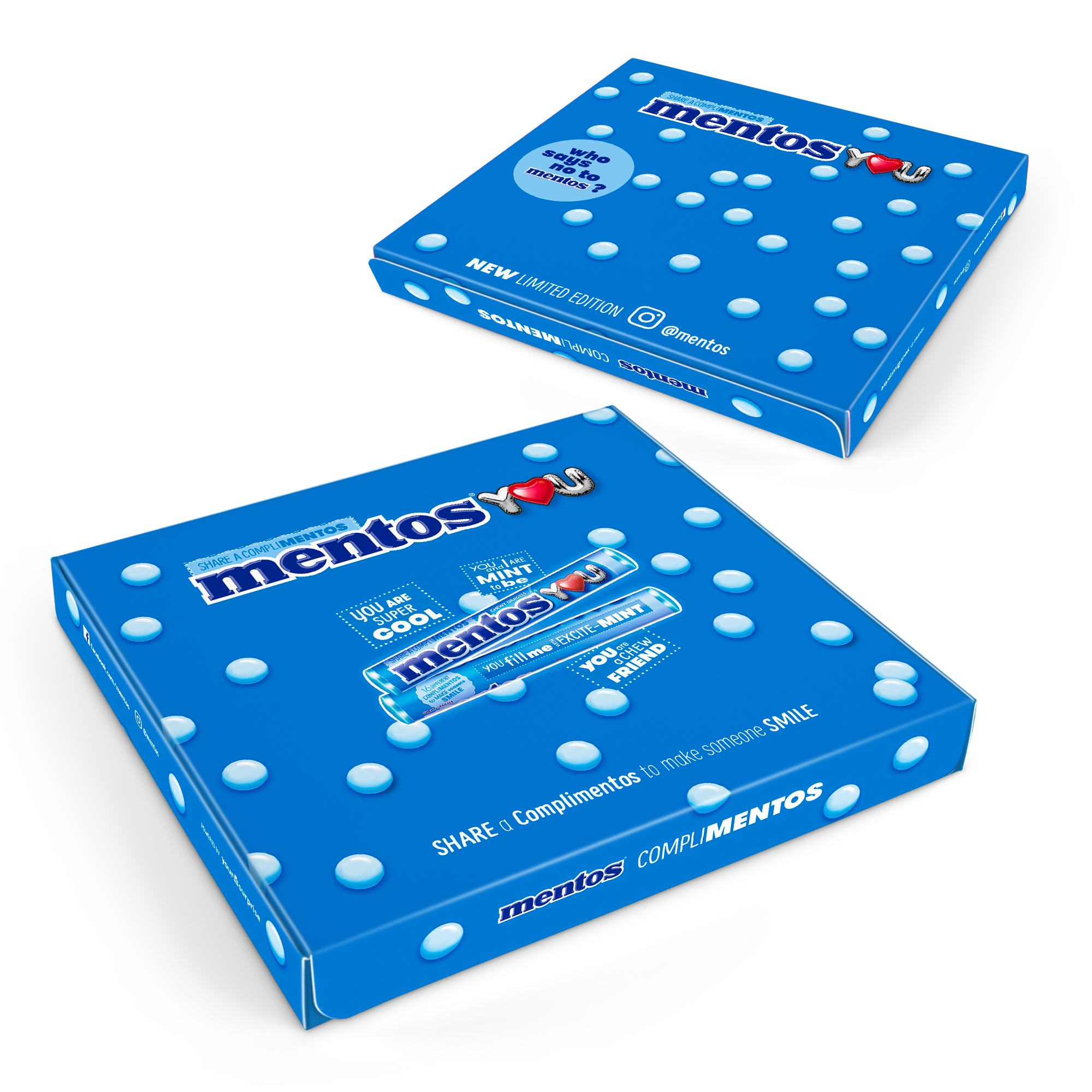 Személyre szabott Mentos doboz két egyedi tekercs rágóval, nyomtatott üzenetekkel.