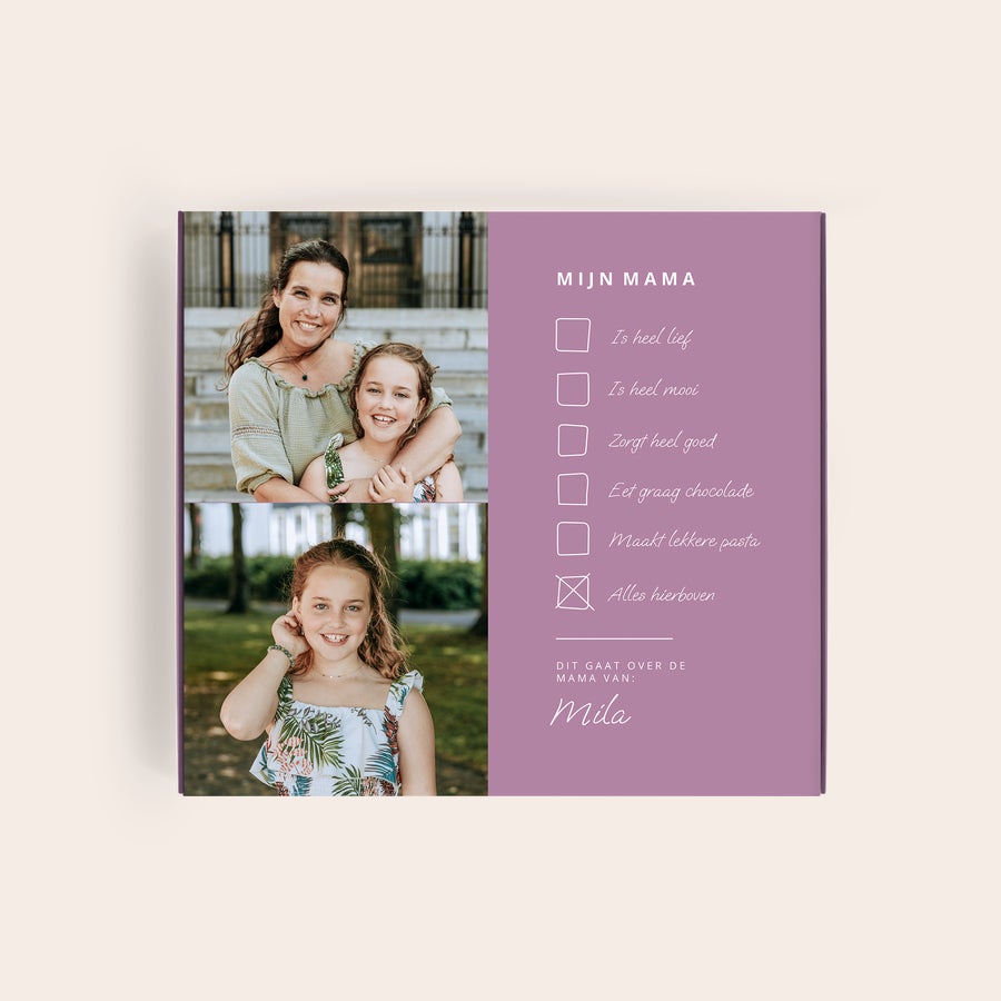 Milka Pralines Moederdag Persoonlijke Milka giftbox bedrukt met foto's en tekst "Mijn Mama" en naam Mila, verwen jouw moeder.