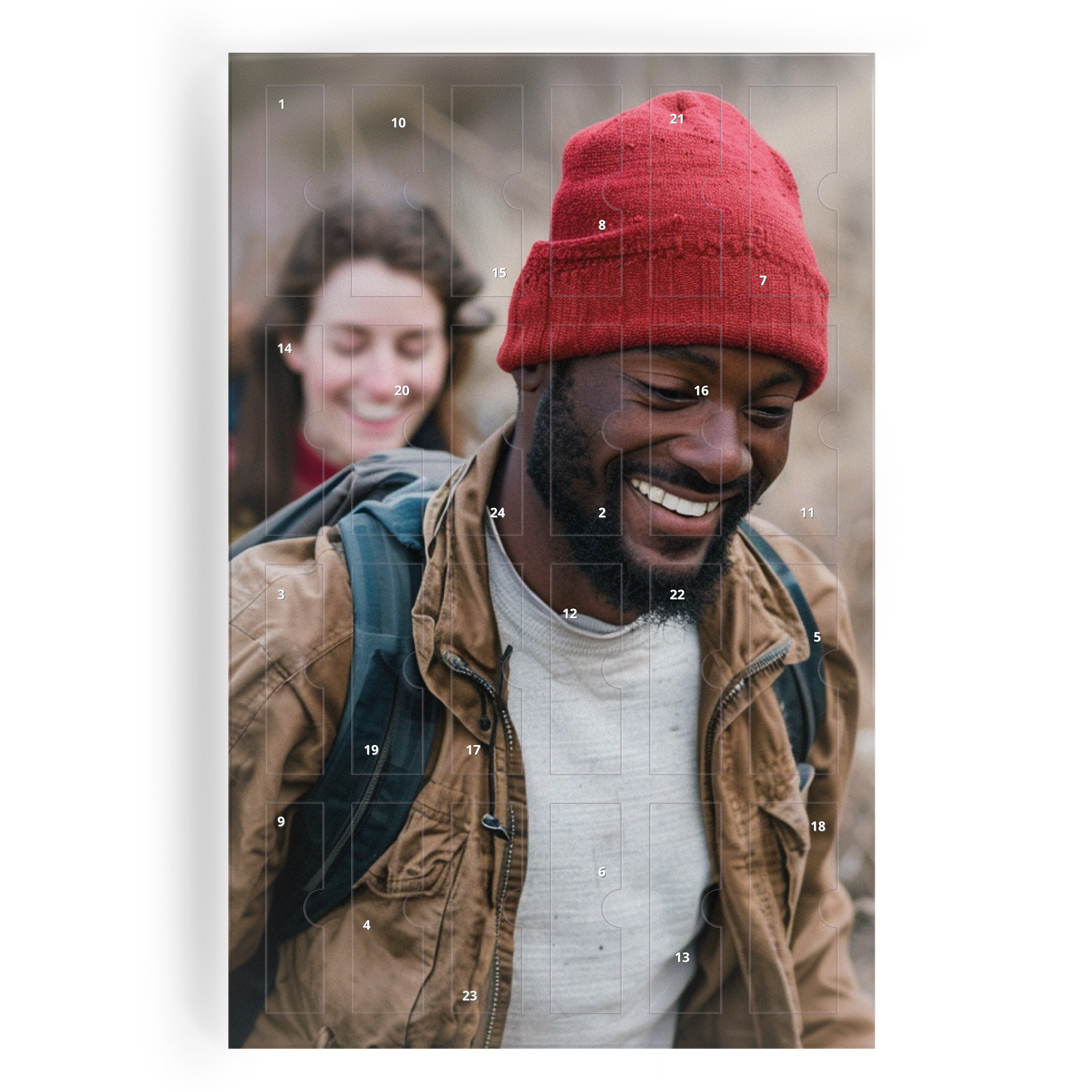 Calendrier de l'Avent personnalisé imprimé avec photo d'un couple souriant pour surprendre avec une délicieuse boisson