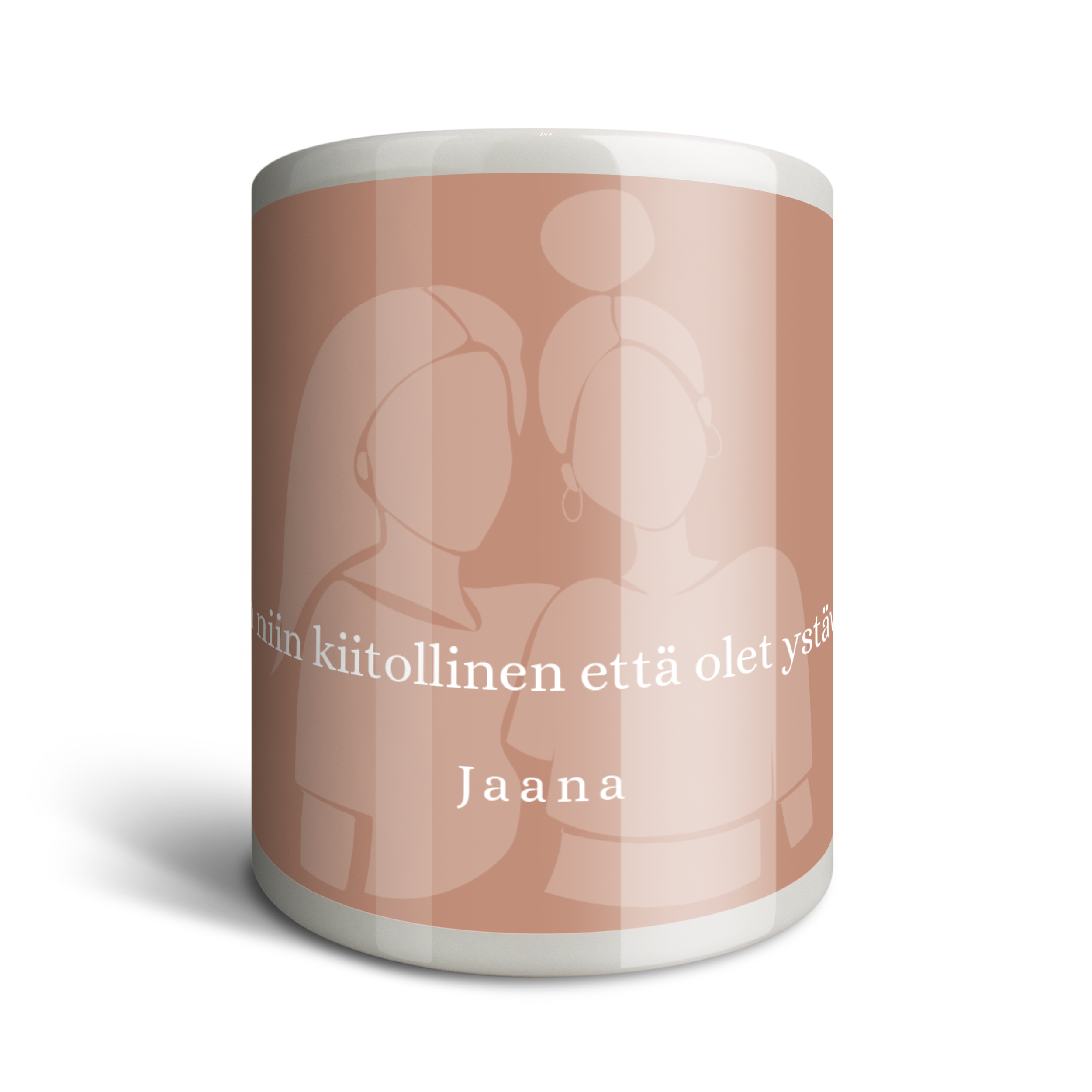 Henkilökohtainen rahalaatikko persikanvärisellä taustalla ja naishahmoilla, tekstillä "niin kiitollinen että olet ystäväni" ja nimellä Jaana, painettuna.