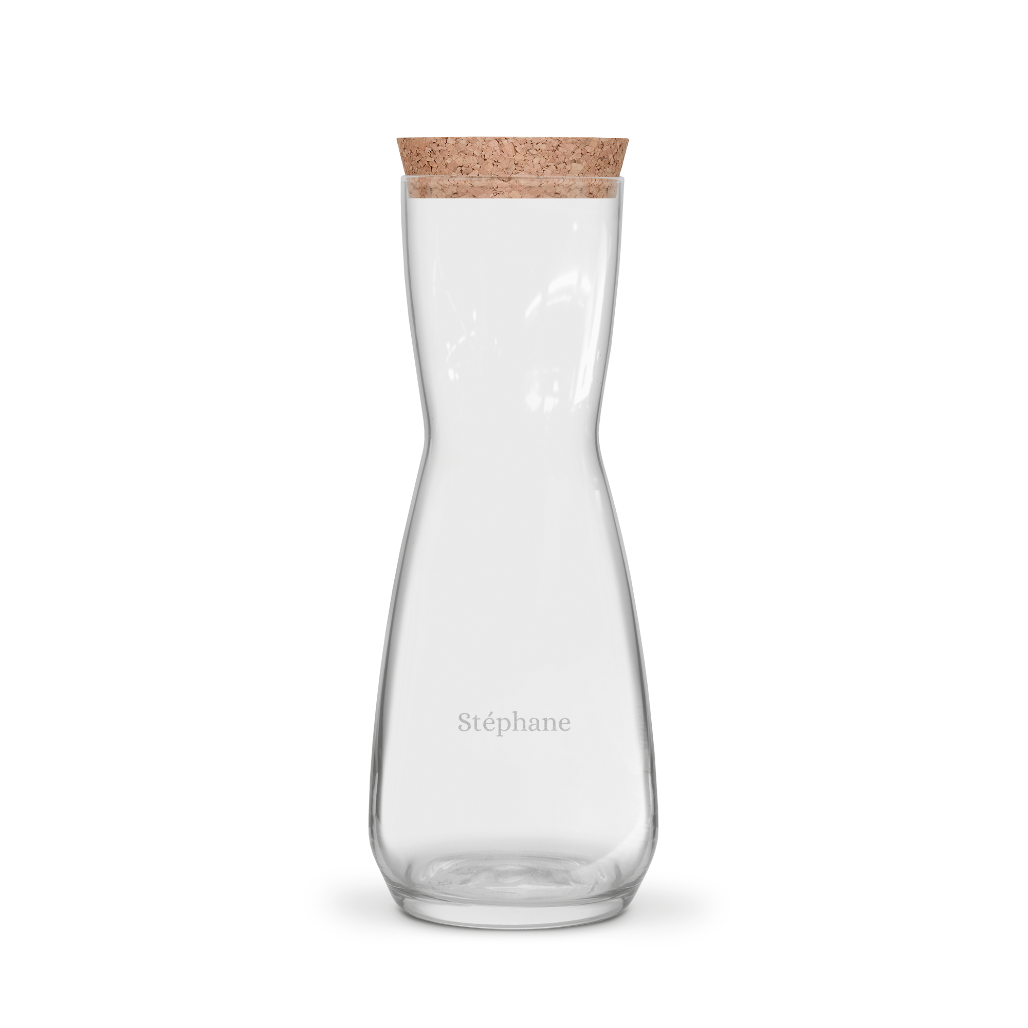 Carafe gravée en verre avec bouchon en liège, personnalisée avec le prénom Stéphane pour eau ou vin