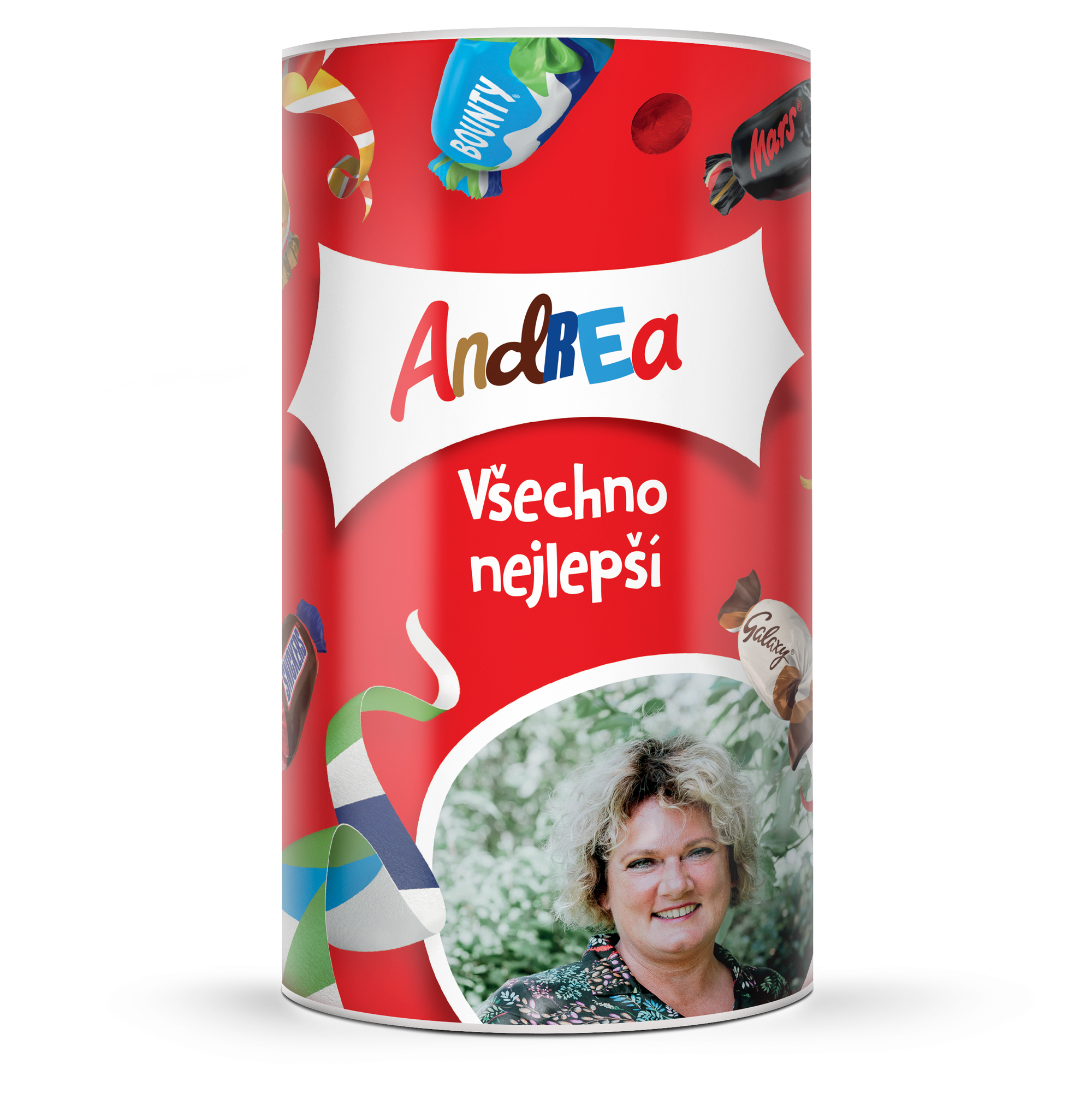 Personalizovaná lahev Celebrations se sladkostmi, se jménem Andrea a fotkou ženy, nápis Všechno nejlepší