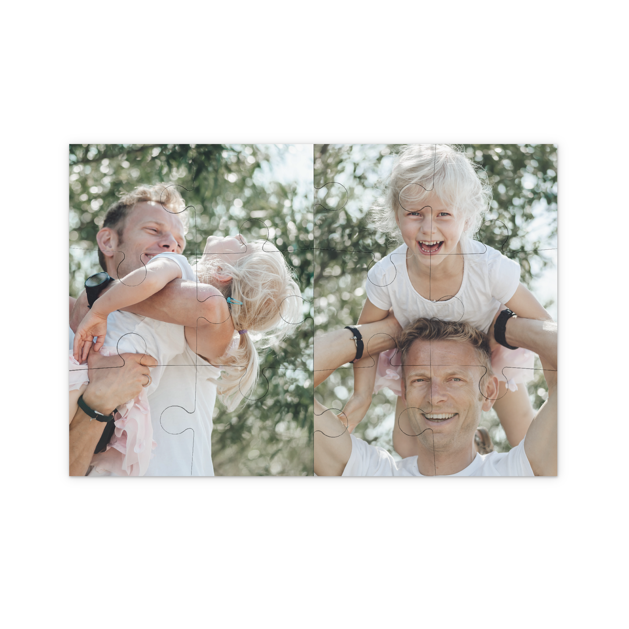 Personalized photo puzzle with two pictures of a man playing with two children printed on it