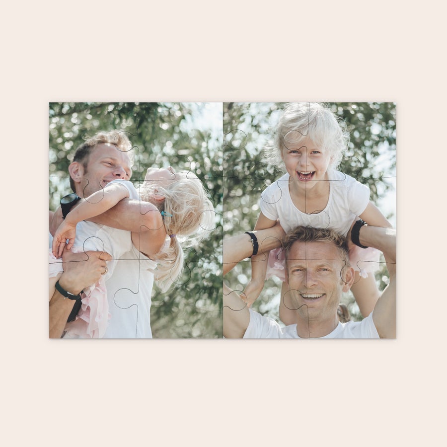 Rompecabezas personalizado - Pequeño Rompecabezas fotográfico personalizado con imagen de padre e hija sonriendo, impreso a todo color.