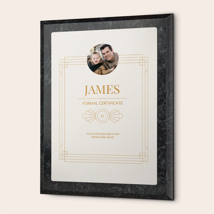 Certificat Certificat comemorativ personalizat cu fotografie și text, imprimat cu poza unui tată și a fiului său, numele JAMES și mesajul You're the best dad in the whole wide world