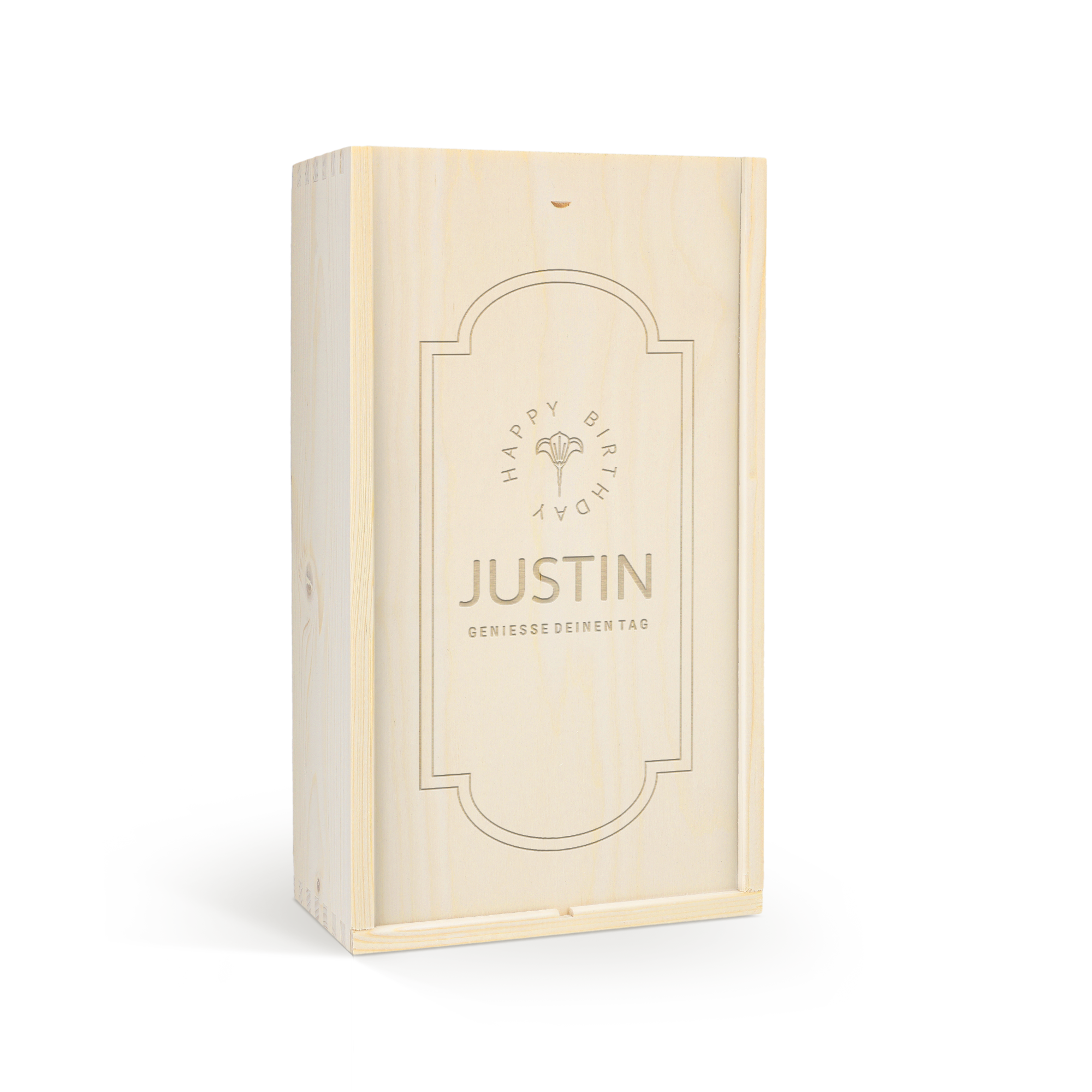 Personalisiertes Gin Tonic Set mit gravierter Holzkiste, Happy Birthday und Namen Justin