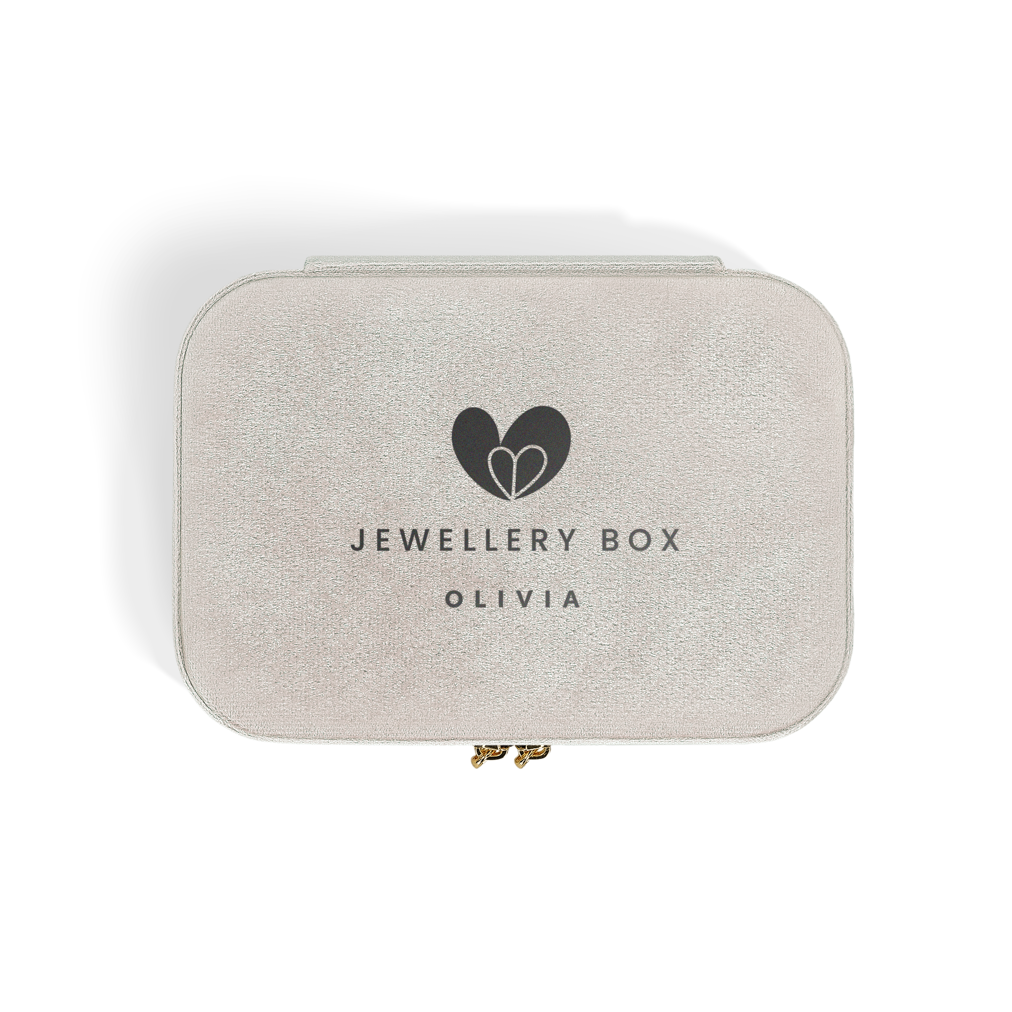 Rechteckiges beiges Schmuckkästchen personalisiert, bedruckt mit schwarzem Herzmotiv und dem Namen Olivia.