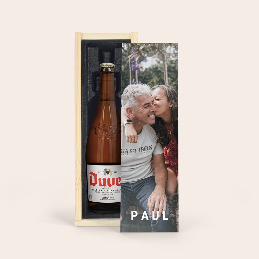 Garrafa de Cerveja - Duvel Moortgat Caixa de madeira personalizada com cerveja Duvel, foto impressa e nome Paul.